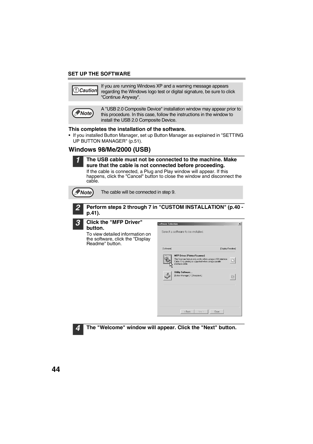 Sharp FODC550 operation manual Windows 98/Me/2000 USB, Install the USB 2.0 Composite Device 