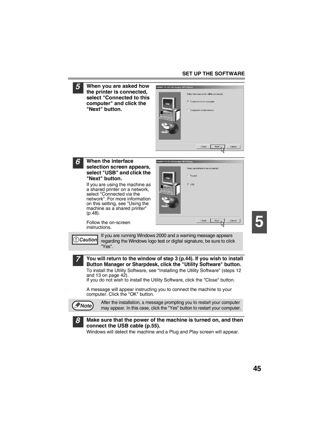 Sharp FODC550 operation manual SET UP the Software 