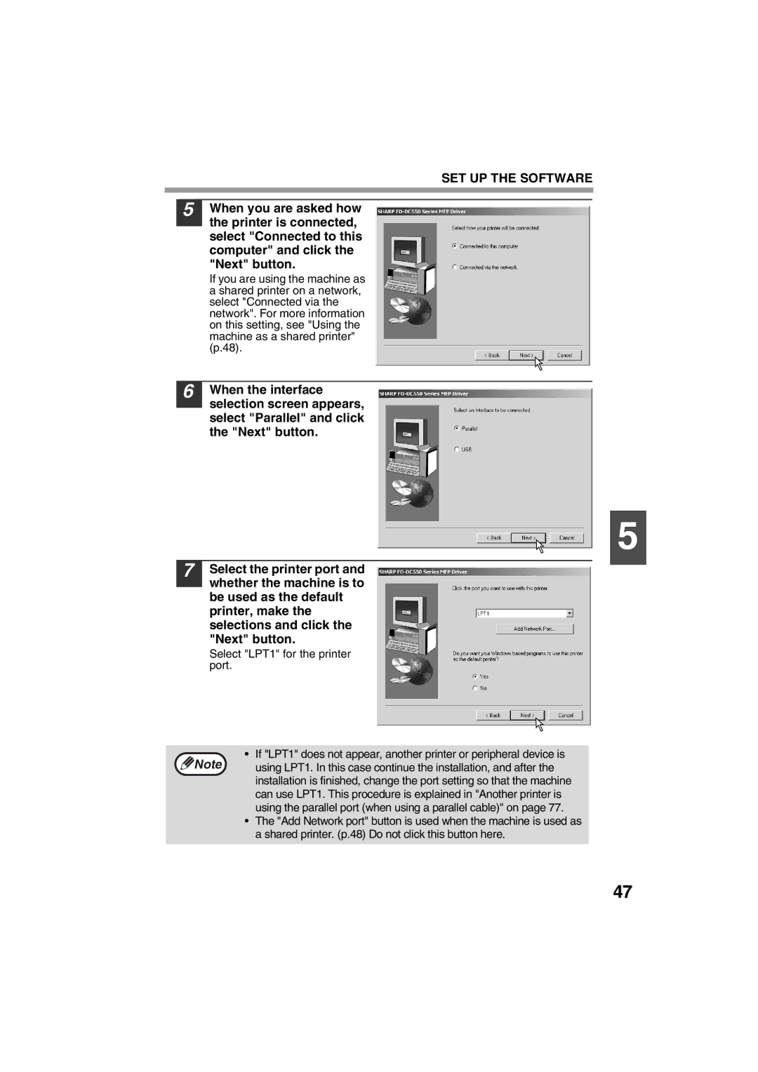 Sharp FODC550 operation manual Select LPT1 for the printer port 