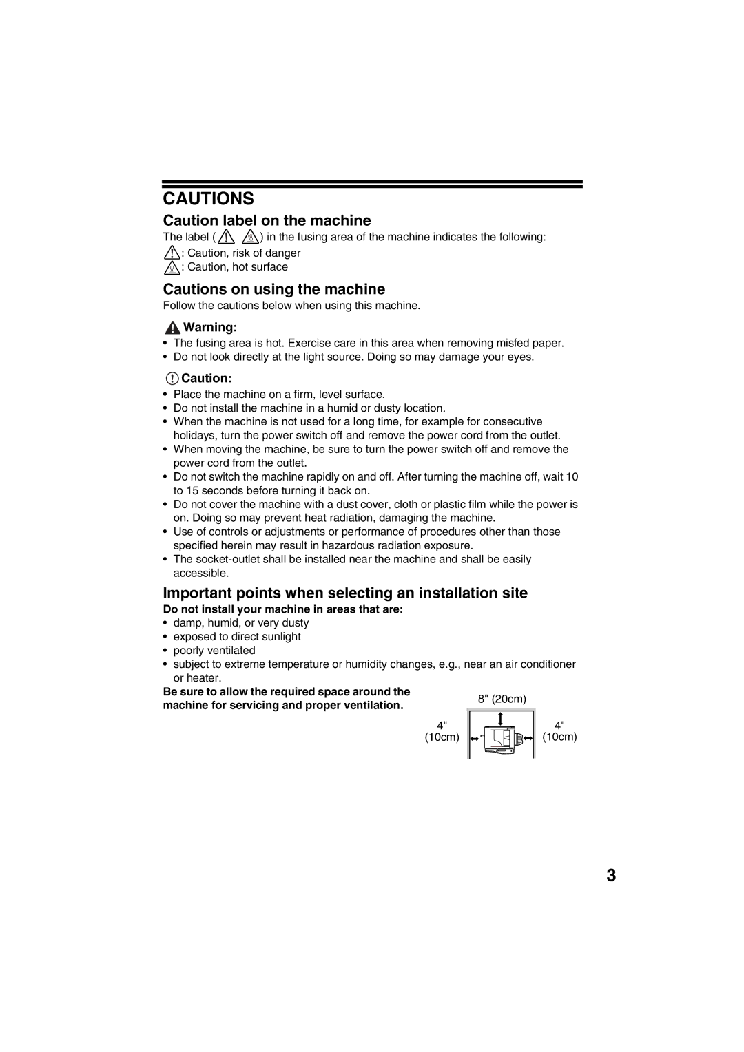 Sharp FODC550 Important points when selecting an installation site, Do not install your machine in areas that are 