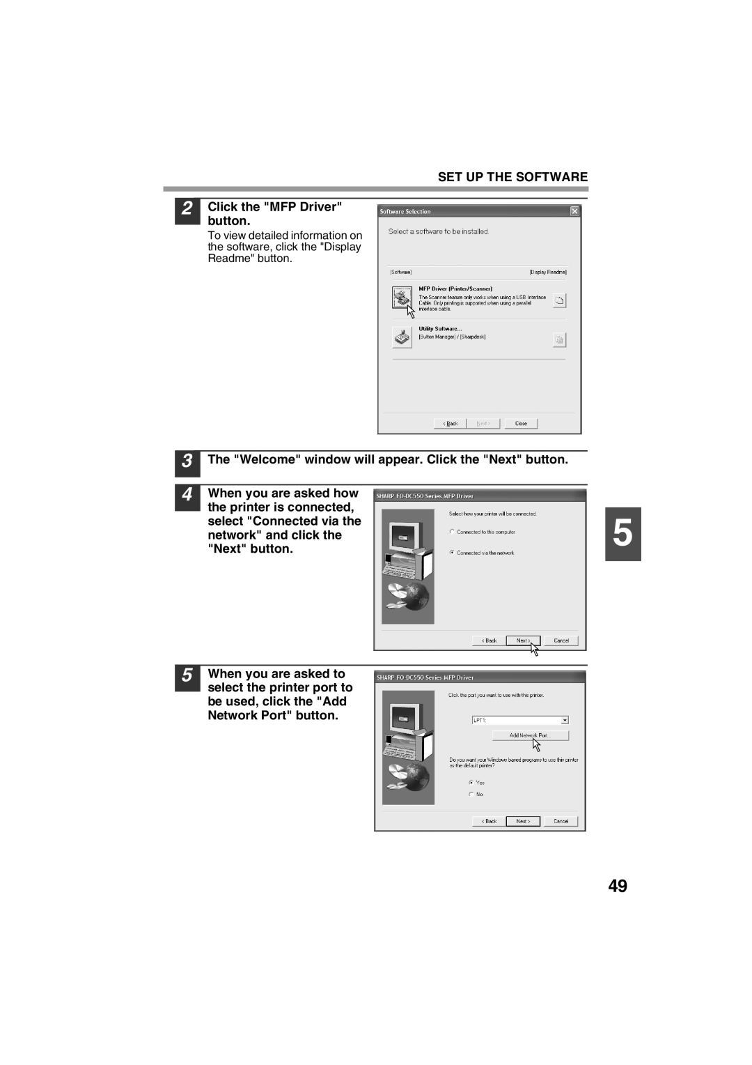 Sharp FODC550 operation manual Click the MFP Driver button 