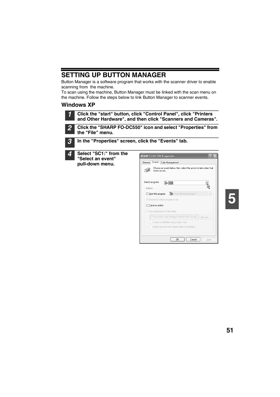 Sharp FODC550 operation manual Setting UP Button Manager, Windows XP 