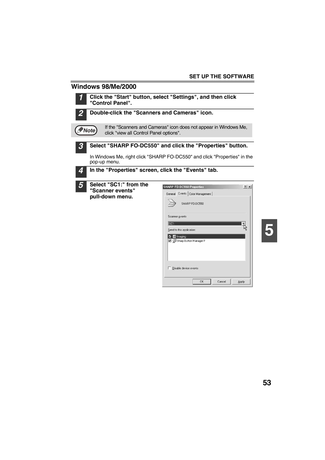 Sharp FODC550 operation manual Windows 98/Me/2000, Select Sharp FO-DC550 and click the Properties button 