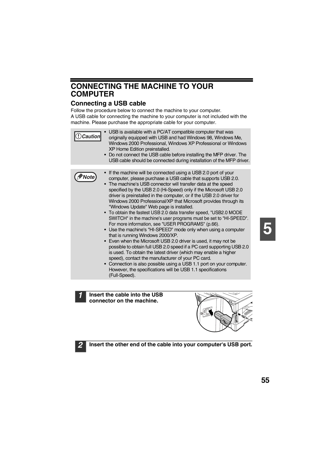 Sharp FODC550 operation manual Connecting the Machine to Your Computer, Connecting a USB cable 