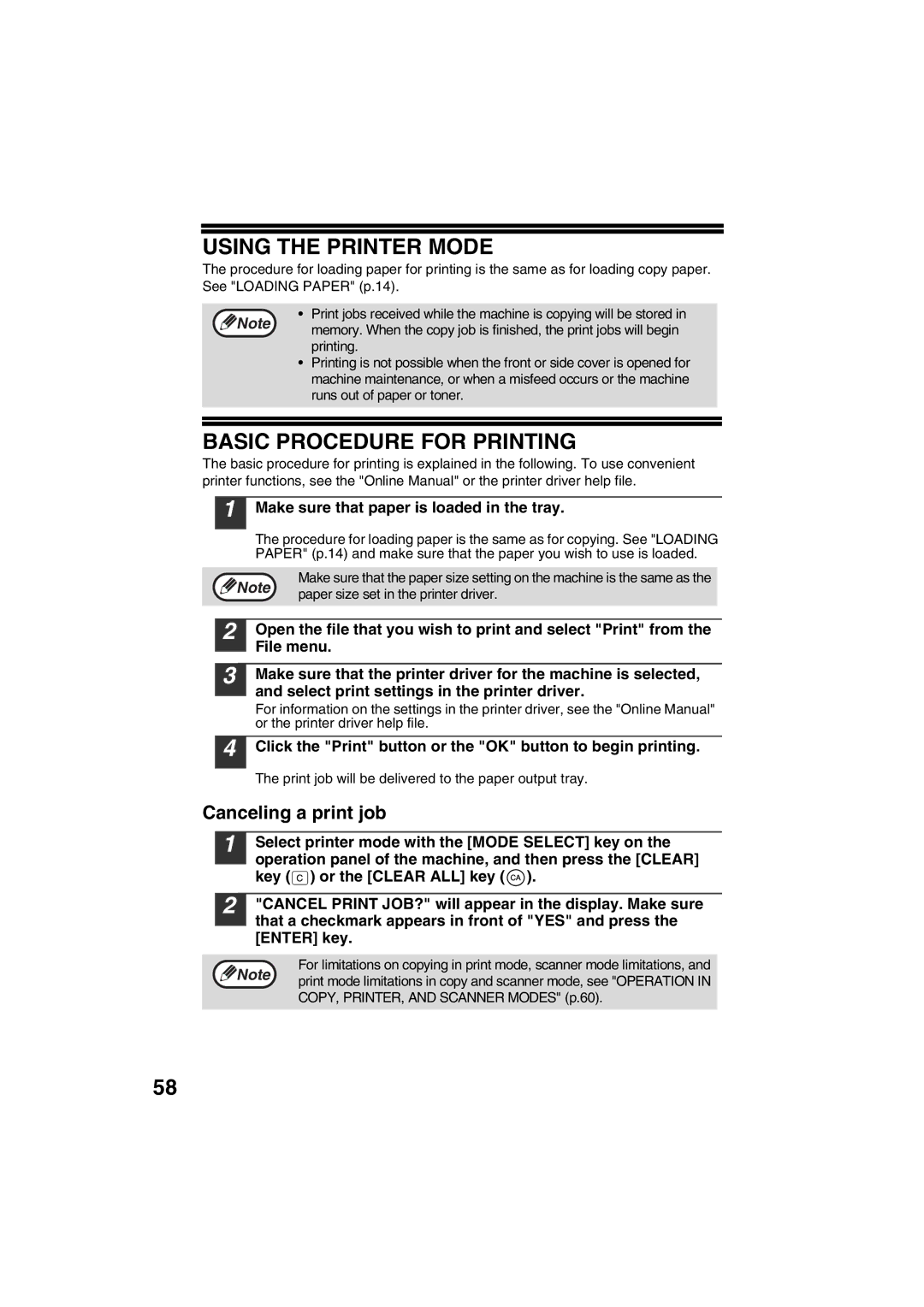 Sharp FODC550 operation manual Using the Printer Mode, Basic Procedure for Printing, Canceling a print job 