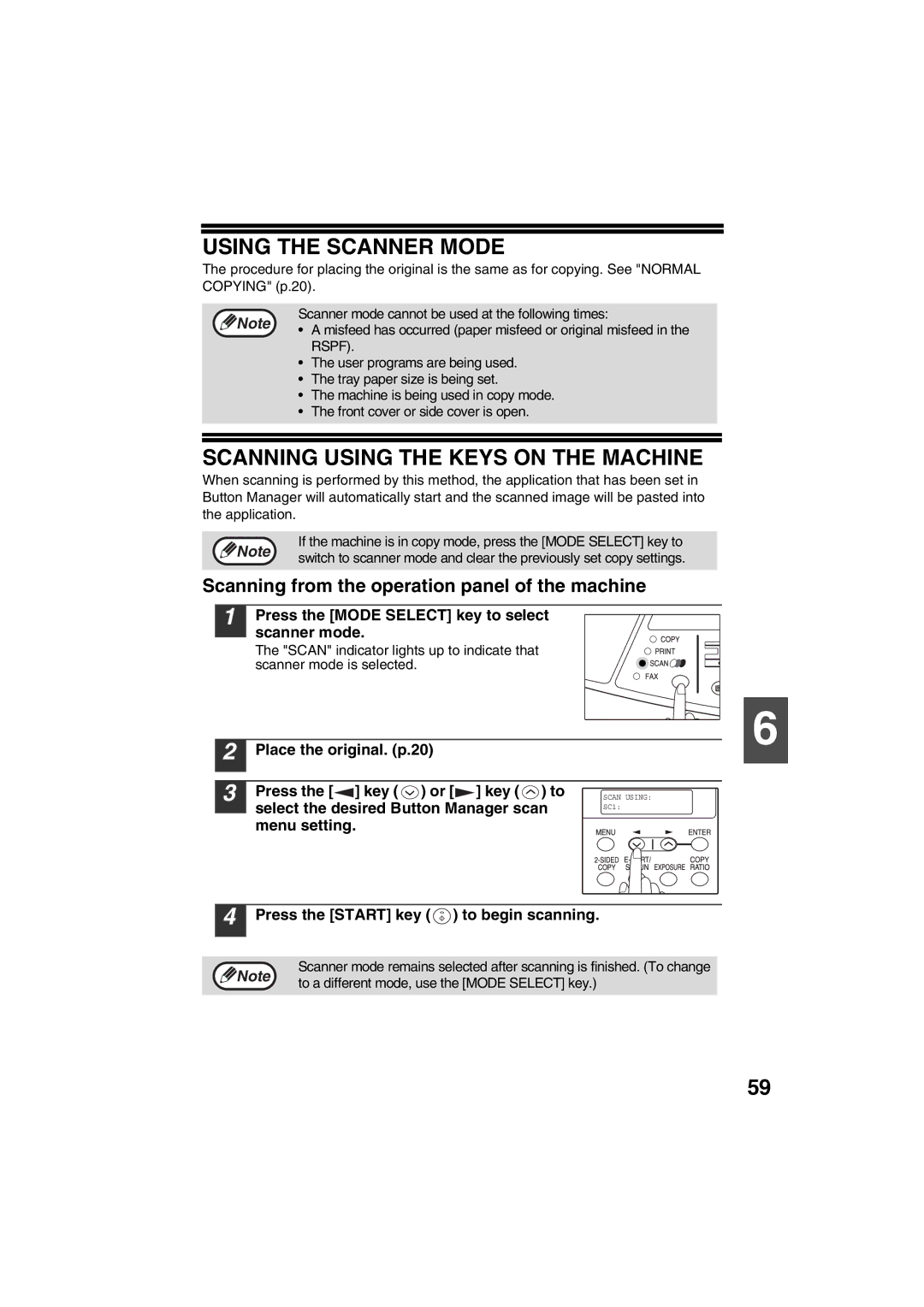 Sharp FODC550 operation manual Using the Scanner Mode, Scanning Using the Keys on the Machine 