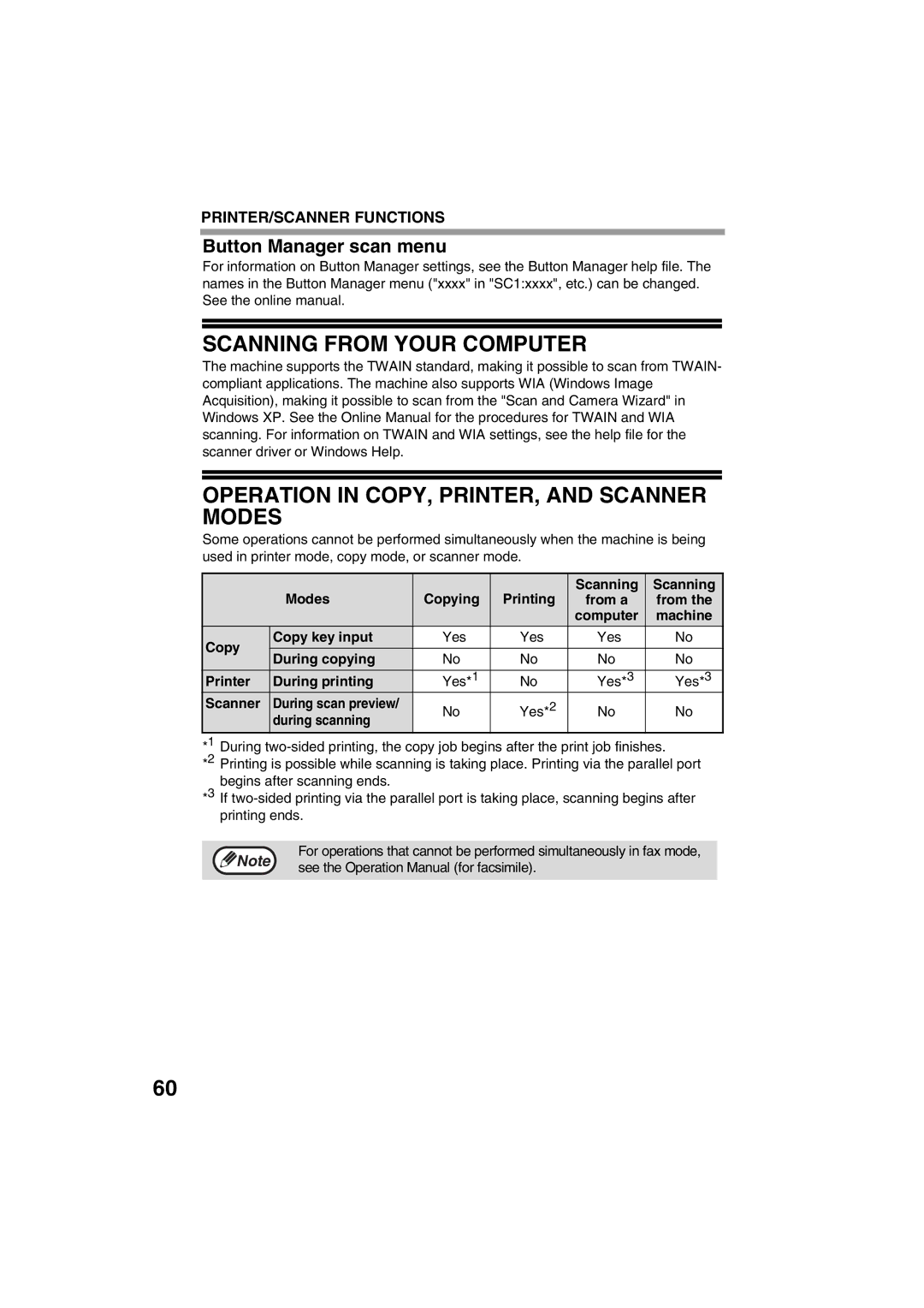 Sharp FODC550 Scanning from Your Computer, Operation in COPY, PRINTER, and Scanner Modes, Button Manager scan menu, From 