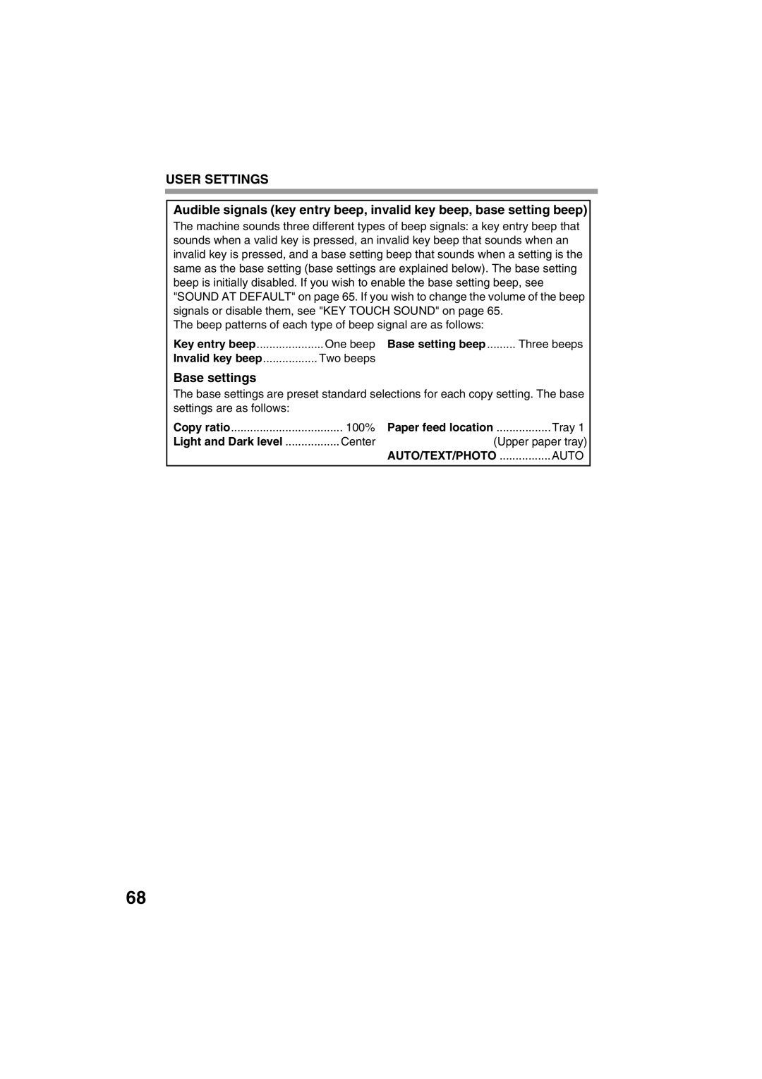 Sharp FODC550 Base settings, Key entry beep One beep Base setting beep, Invalid key beep, AUTO/TEXT/PHOTO Auto 