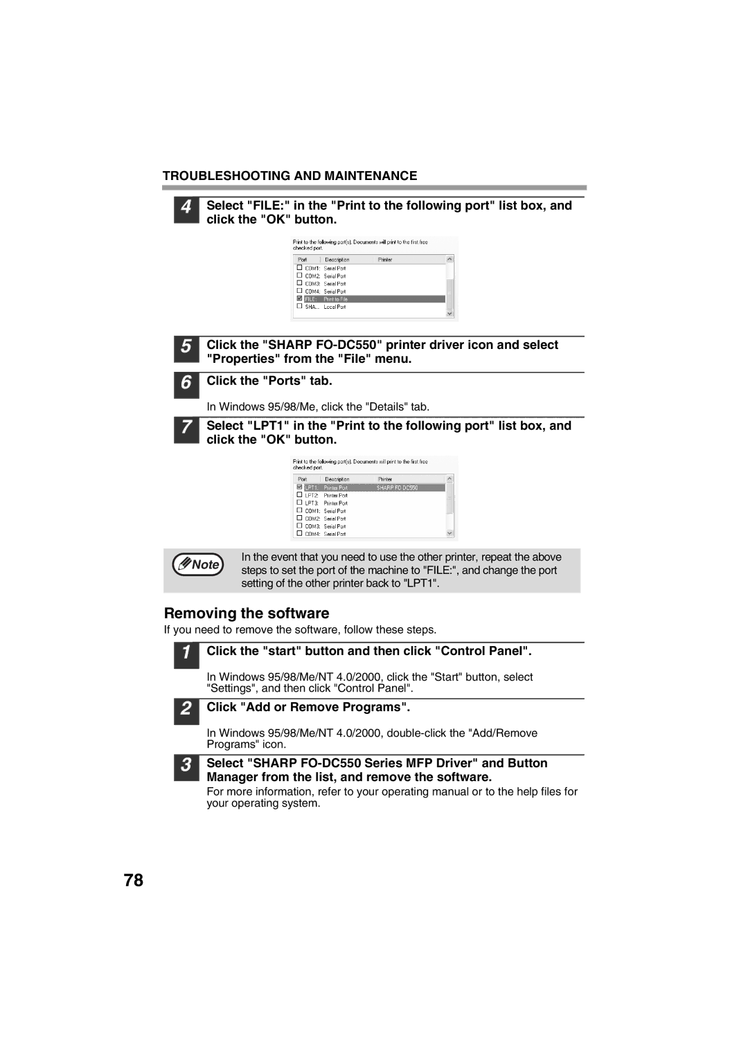 Sharp FODC550 Removing the software, Click Add or Remove Programs, Setting of the other printer back to LPT1 
