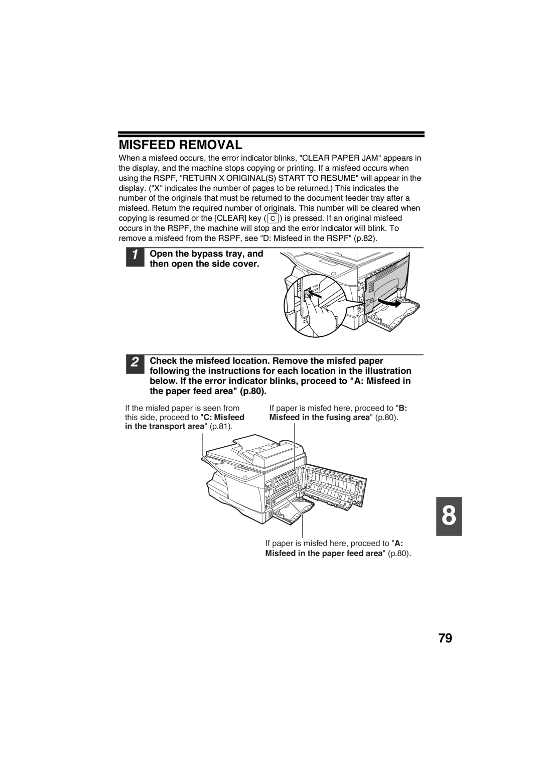 Sharp FODC550 operation manual Misfeed Removal, Misfeed in the paper feed area p.80 