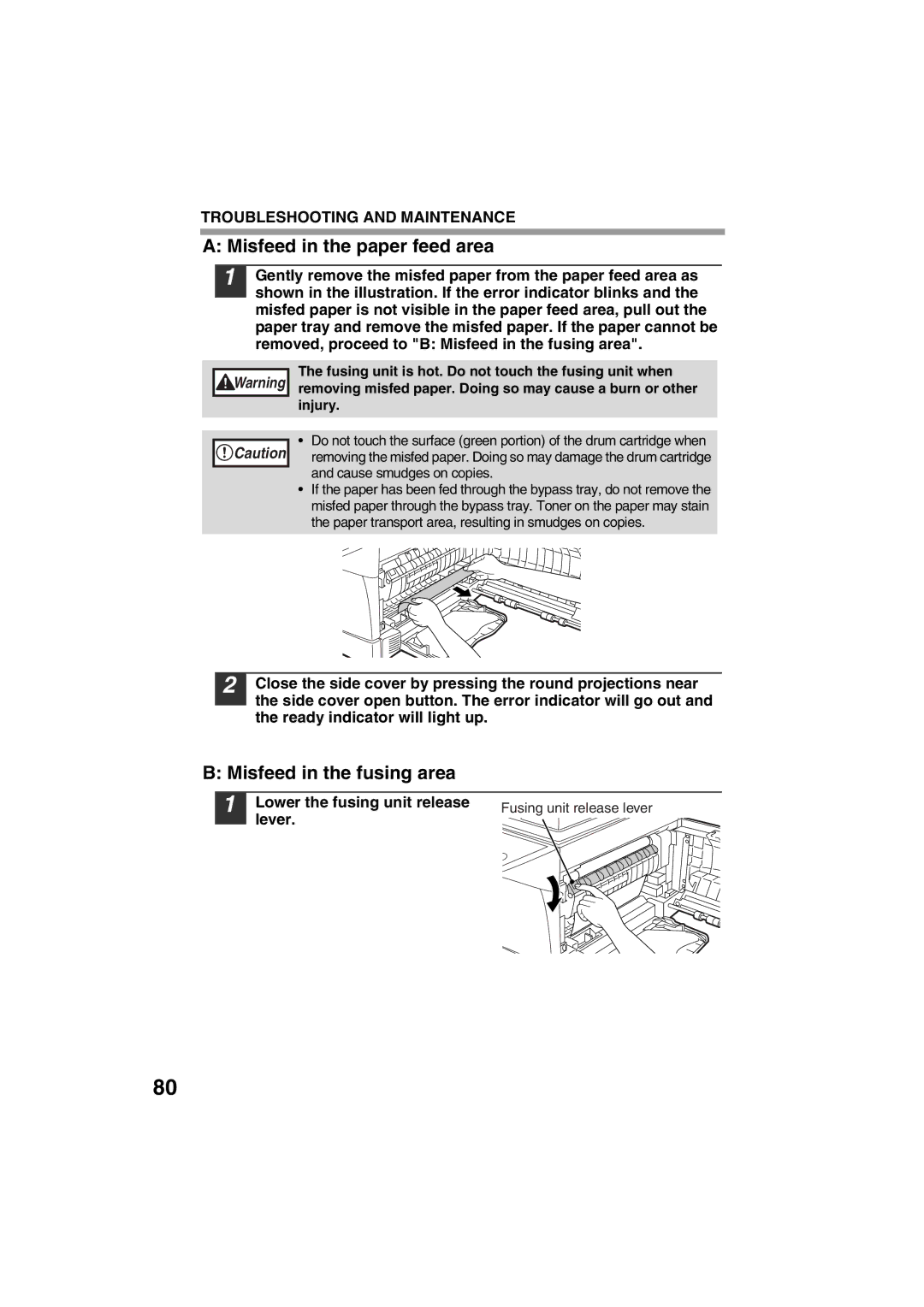 Sharp FODC550 operation manual Misfeed in the paper feed area, Misfeed in the fusing area 