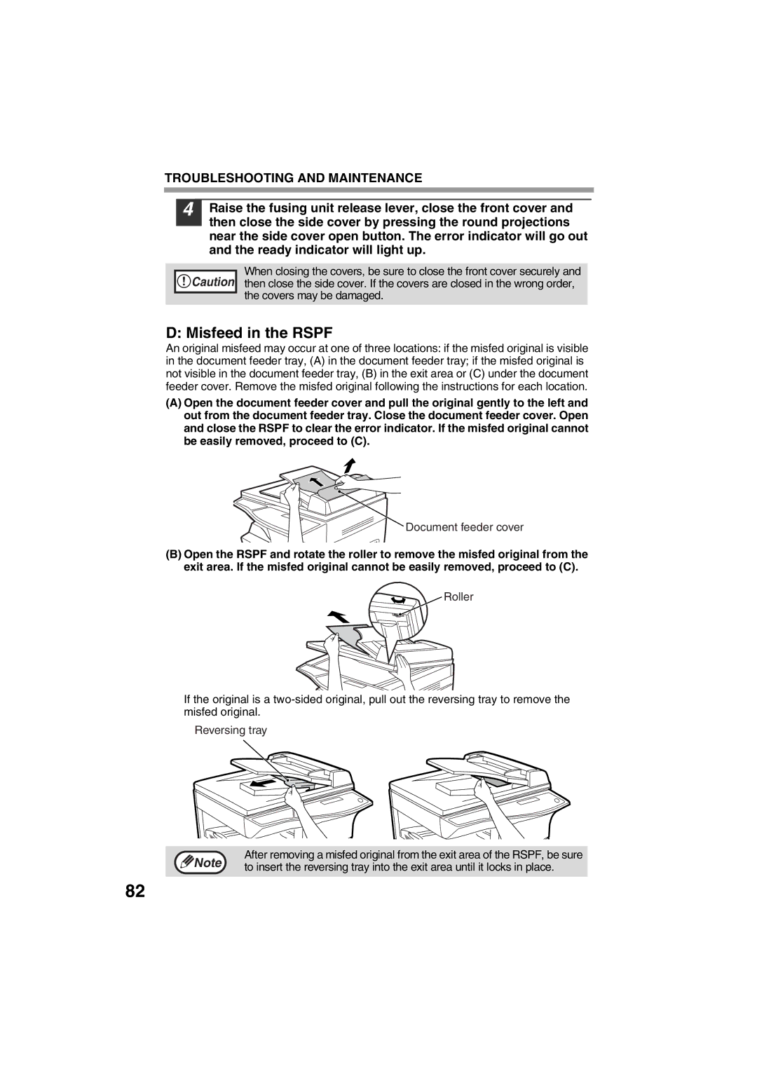 Sharp FODC550 operation manual Misfeed in the Rspf, Document feeder cover 