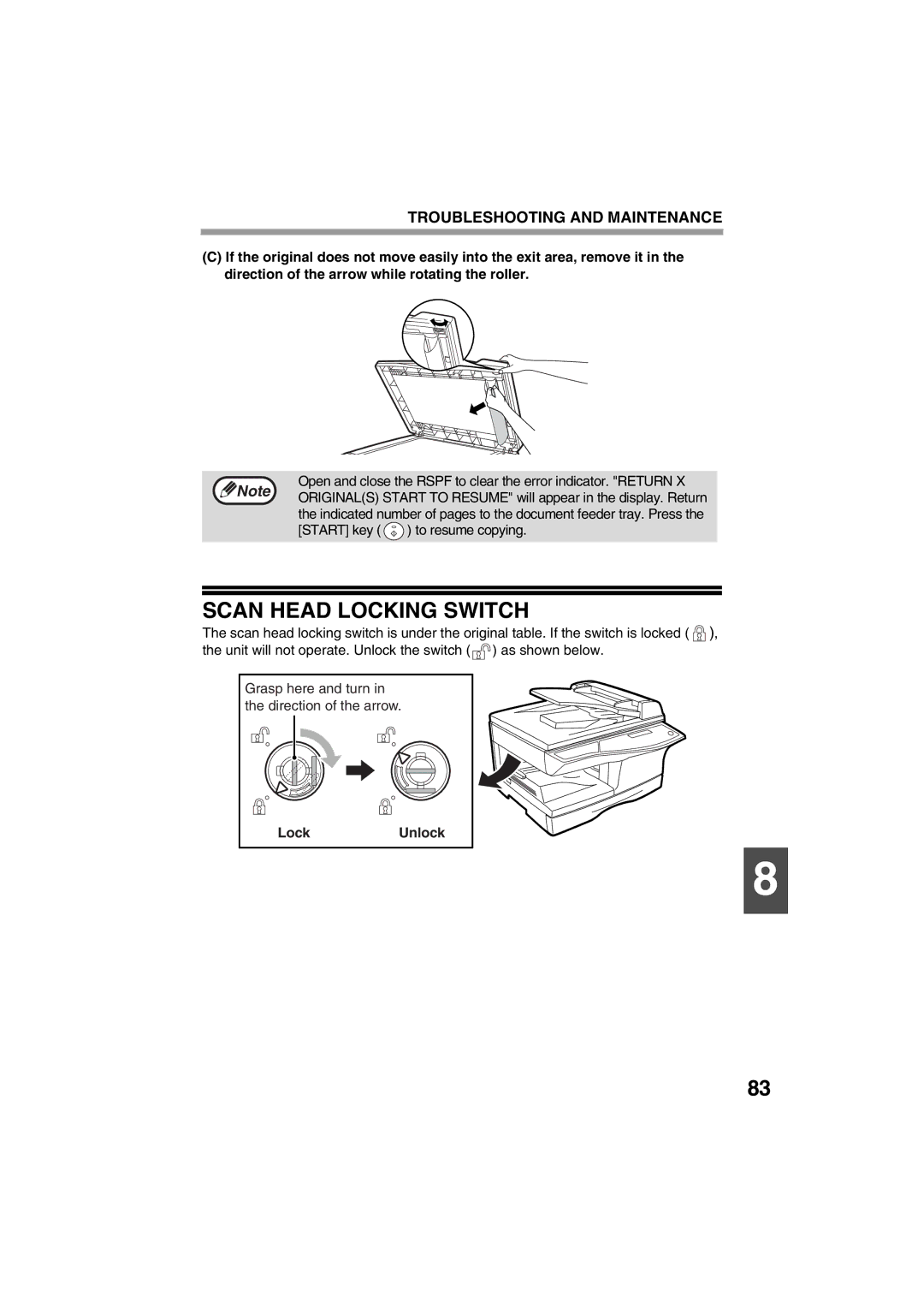 Sharp FODC550 operation manual Scan Head Locking Switch, LockUnlock 