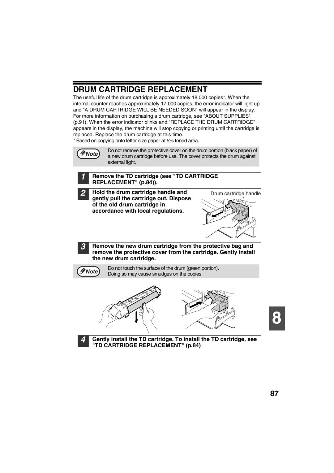 Sharp FODC550 operation manual Drum Cartridge Replacement, External light, Doing so may cause smudges on the copies 