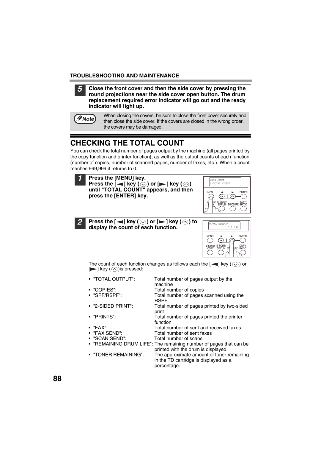 Sharp FODC550 operation manual Checking the Total Count, Press the key or key to display the count of each function 