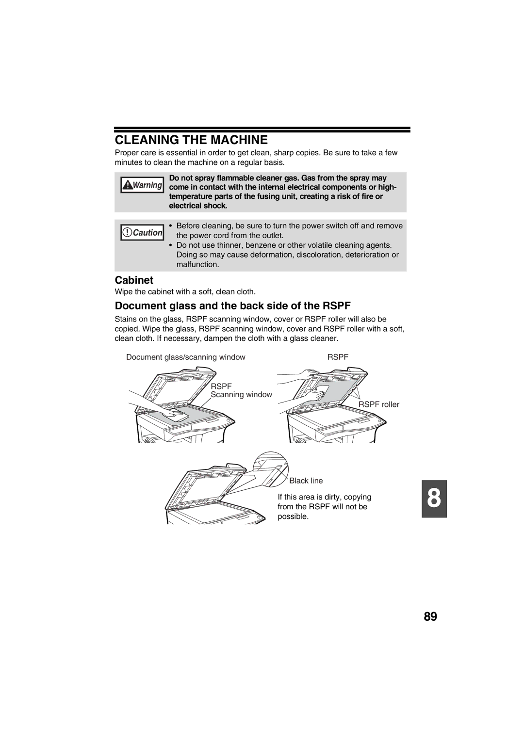 Sharp FODC550 operation manual Cleaning the Machine, Cabinet, Document glass and the back side of the Rspf 