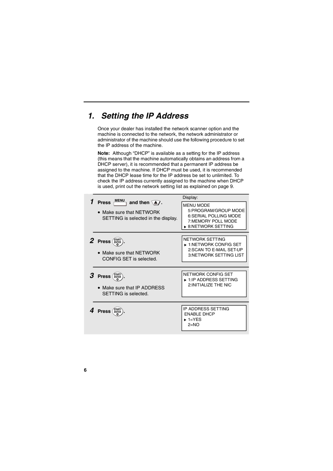 Sharp FONS2 operation manual Setting the IP Address, Press Menu and then, Press Enter 