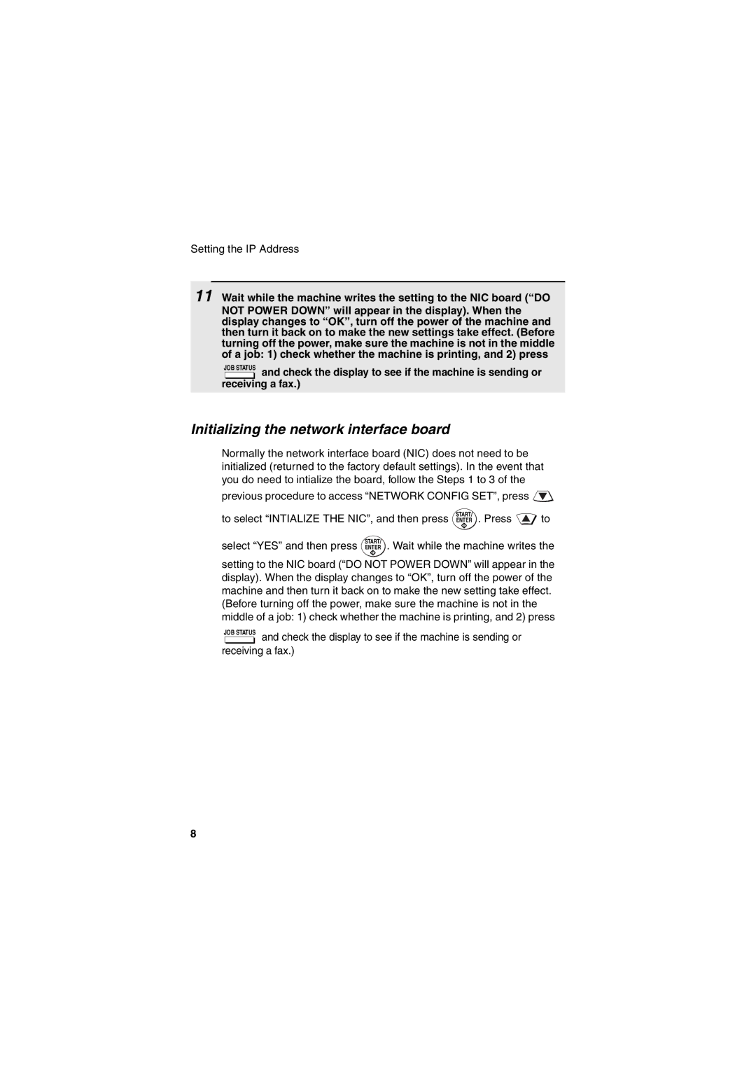 Sharp FONS2 operation manual Initializing the network interface board 