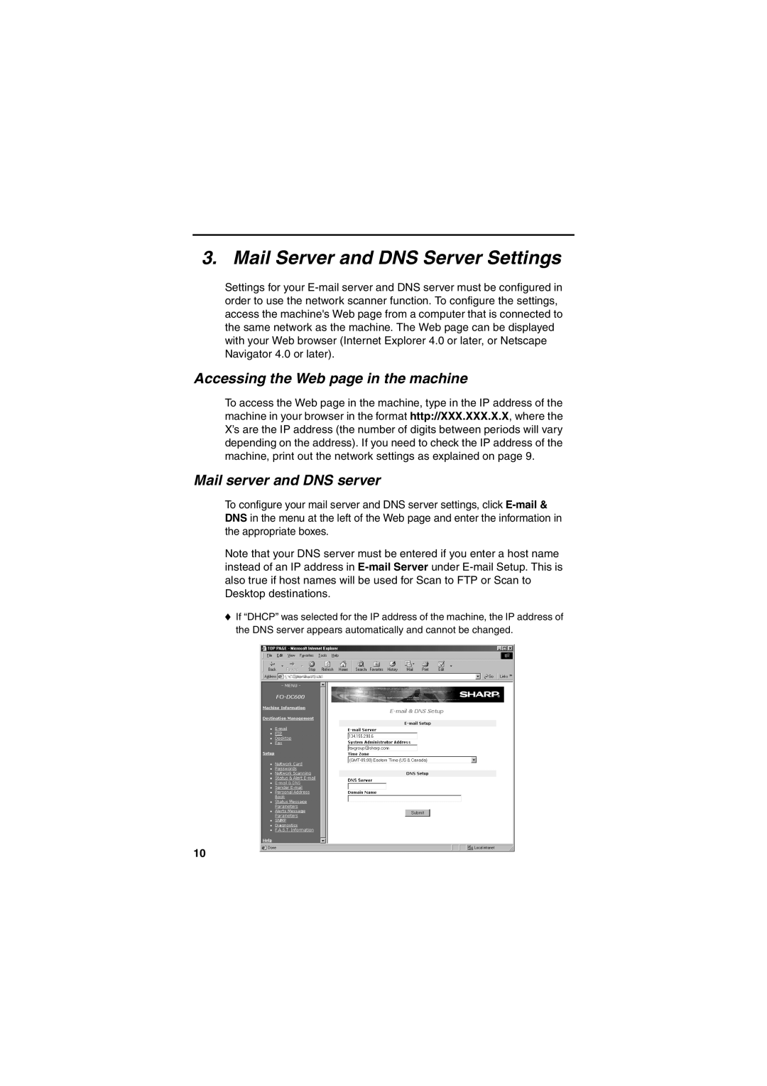 Sharp FONS2 Mail Server and DNS Server Settings, Accessing the Web page in the machine, Mail server and DNS server 