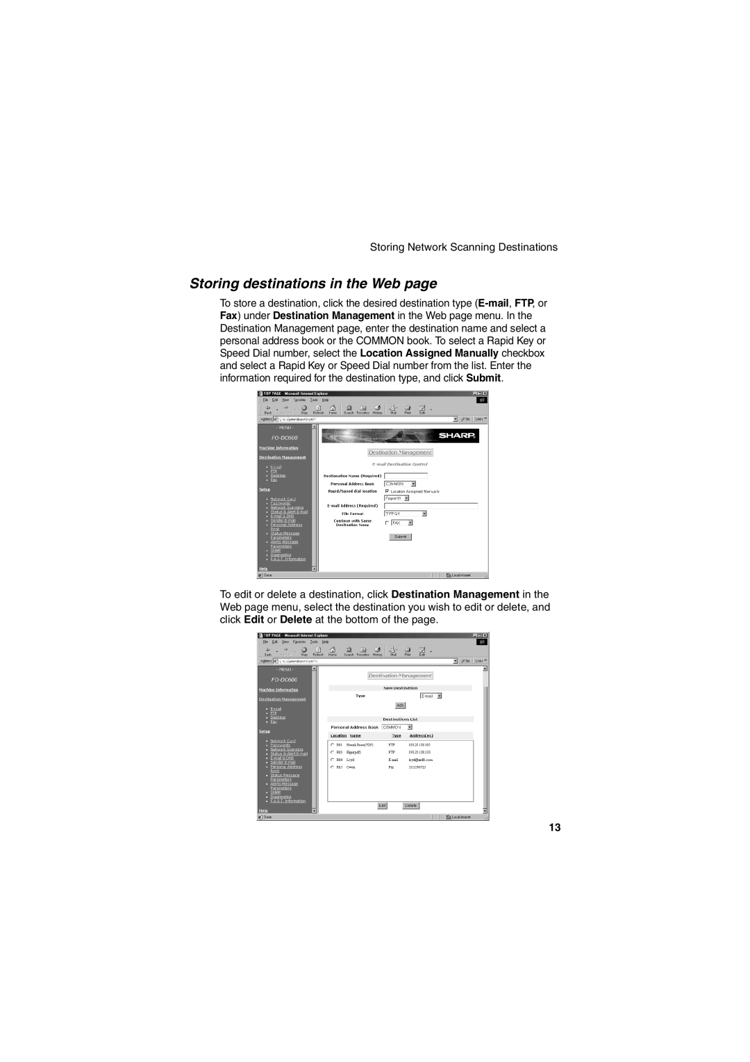 Sharp FONS2 operation manual Storing destinations in the Web 