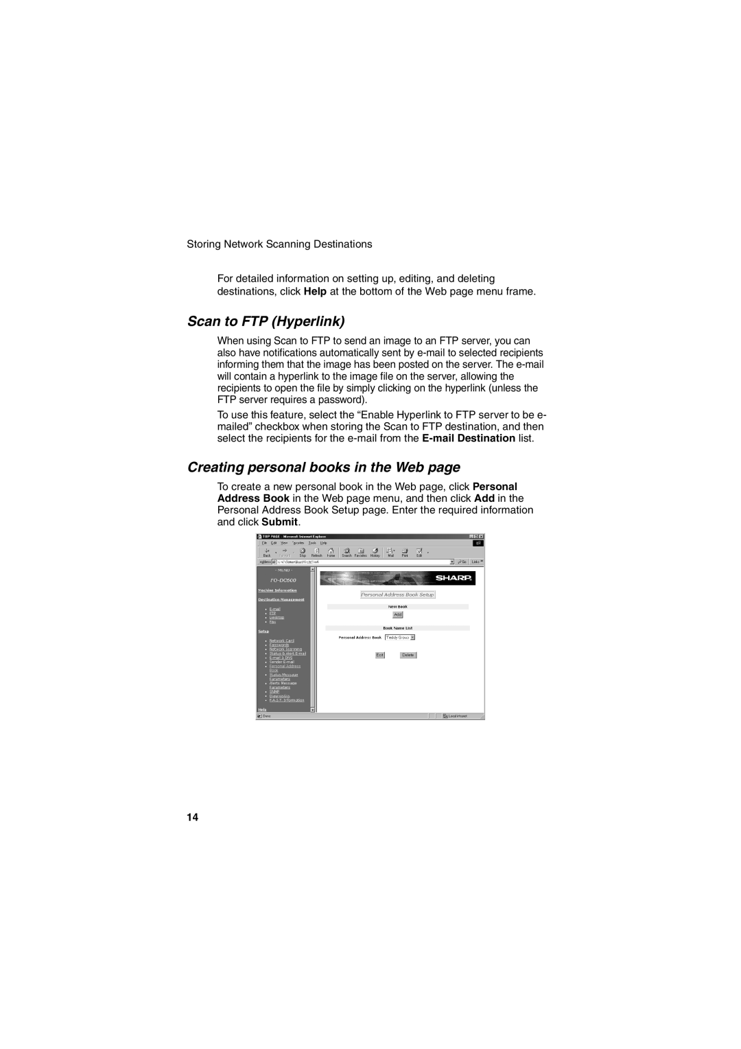 Sharp FONS2 operation manual Scan to FTP Hyperlink, Creating personal books in the Web 