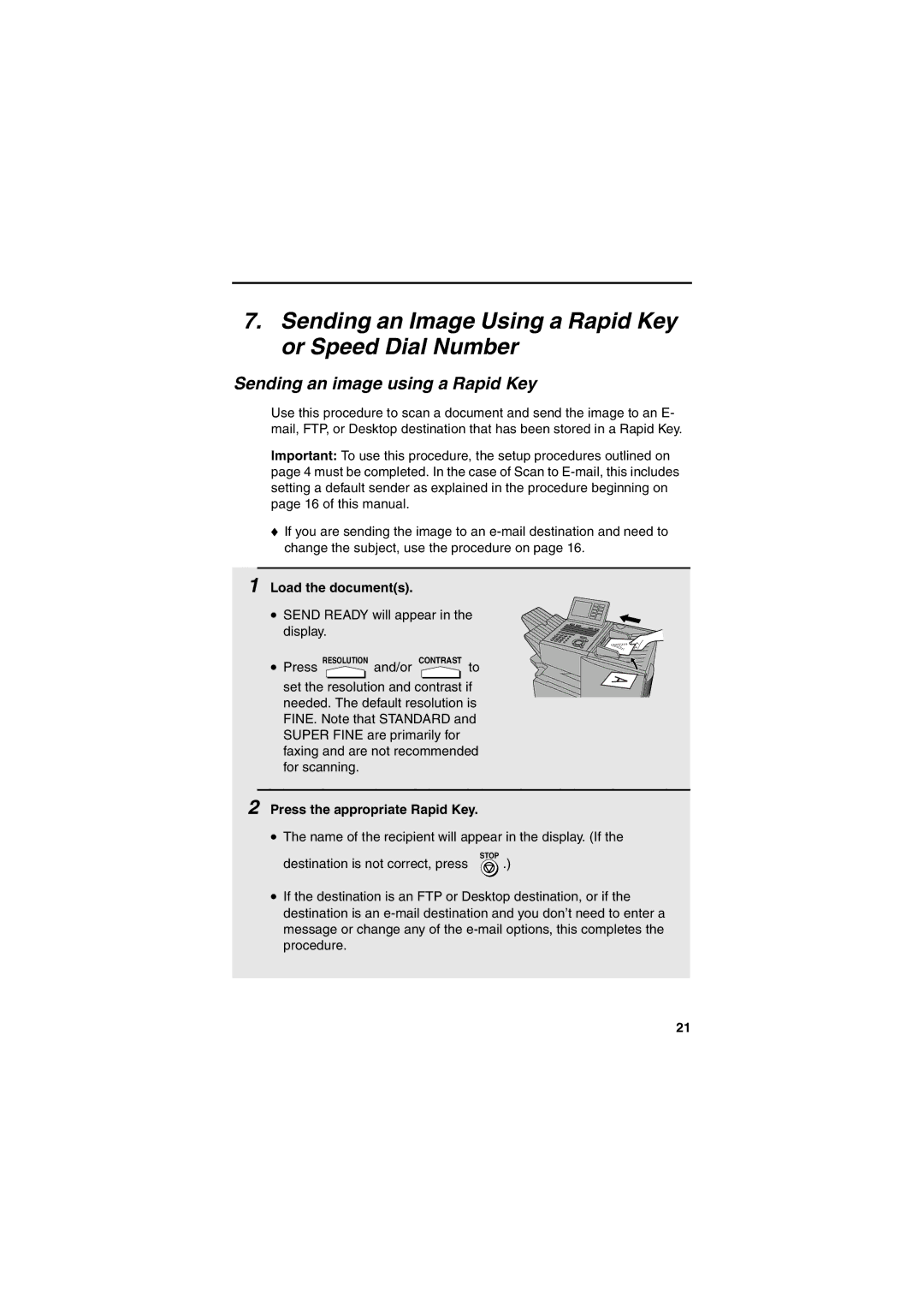 Sharp FONS2 operation manual Sending an Image Using a Rapid Key or Speed Dial Number, Sending an image using a Rapid Key 