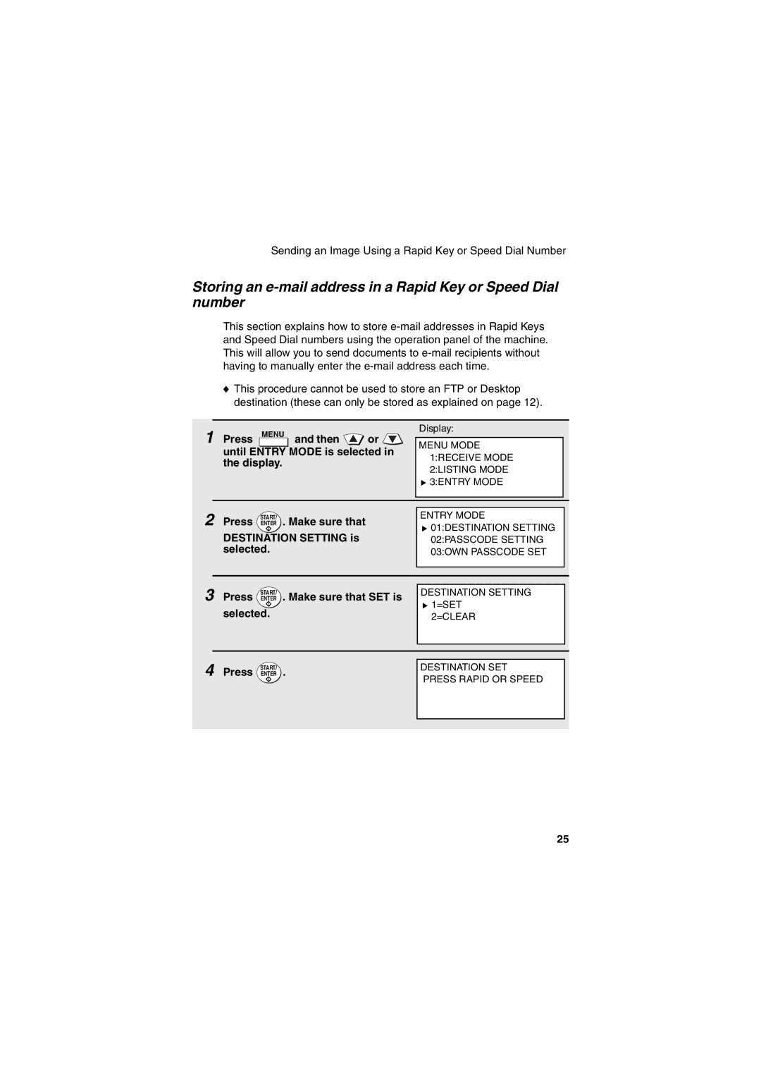 Sharp FONS2 Press Enter . Make sure that Destination Setting is selected, Press Enter . Make sure that SET is selected 