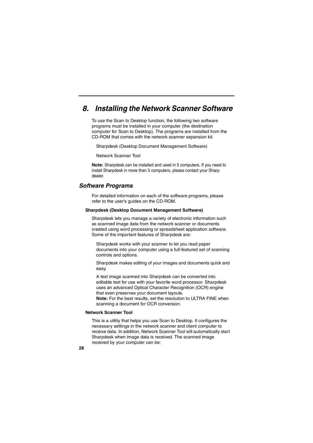 Sharp FONS2 Installing the Network Scanner Software, Software Programs, Sharpdesk Desktop Document Management Software 