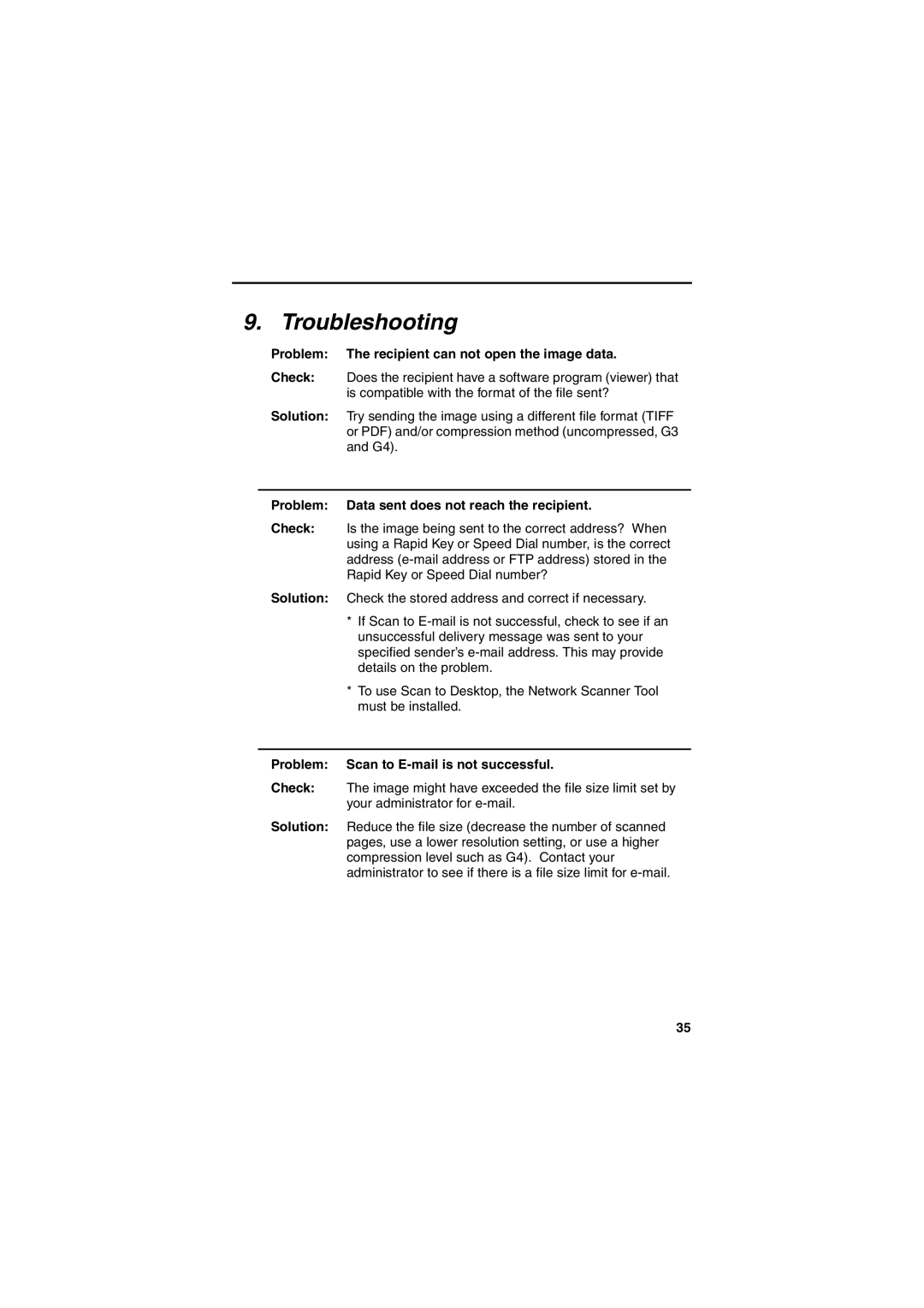 Sharp FONS2 operation manual Troubleshooting, Problem Scan to E-mail is not successful Check Solution 