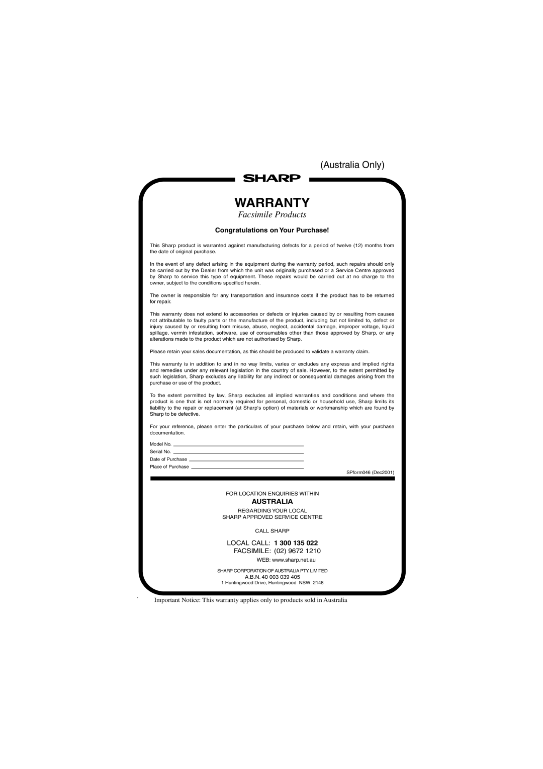 Sharp FONS2 operation manual Warranty 