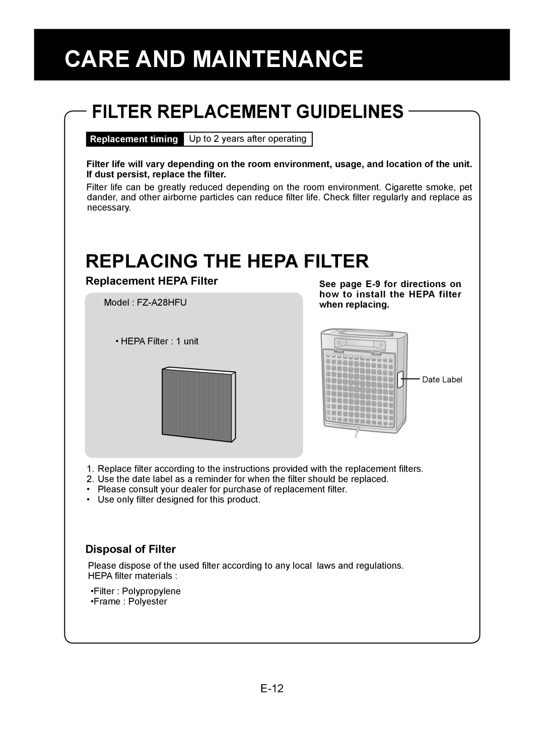 Sharp FP-A28U Filter Replacement Guidelines, Replacing the Hepa Filter, Replacement Hepa Filter, Disposal of Filter 