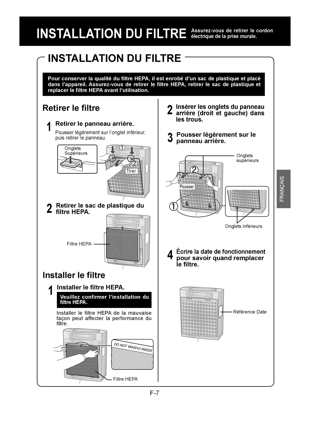 Sharp FP-A28C, FP-A28U Installation DU Filtre, Retirer le sac de plastique du filtre Hepa, Installer le filtre Hepa 