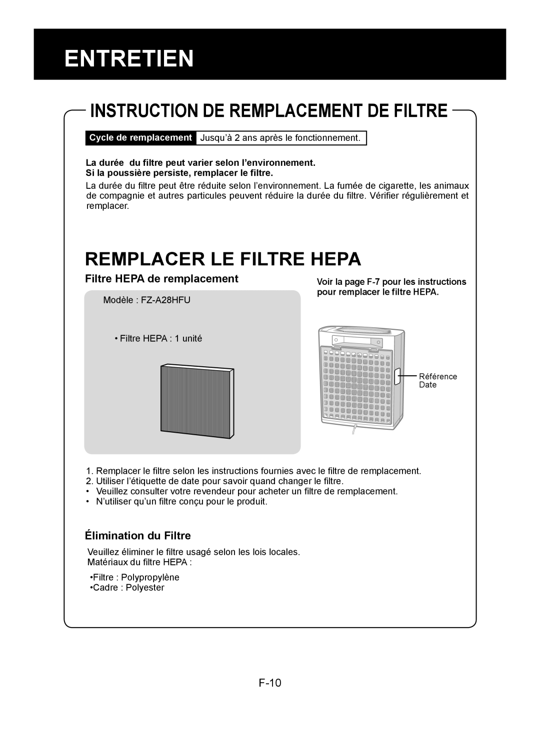 Sharp FP-A28U, FP-A28C operation manual Remplacer LE Filtre Hepa, Filtre Hepa de remplacement, Élimination du Filtre 