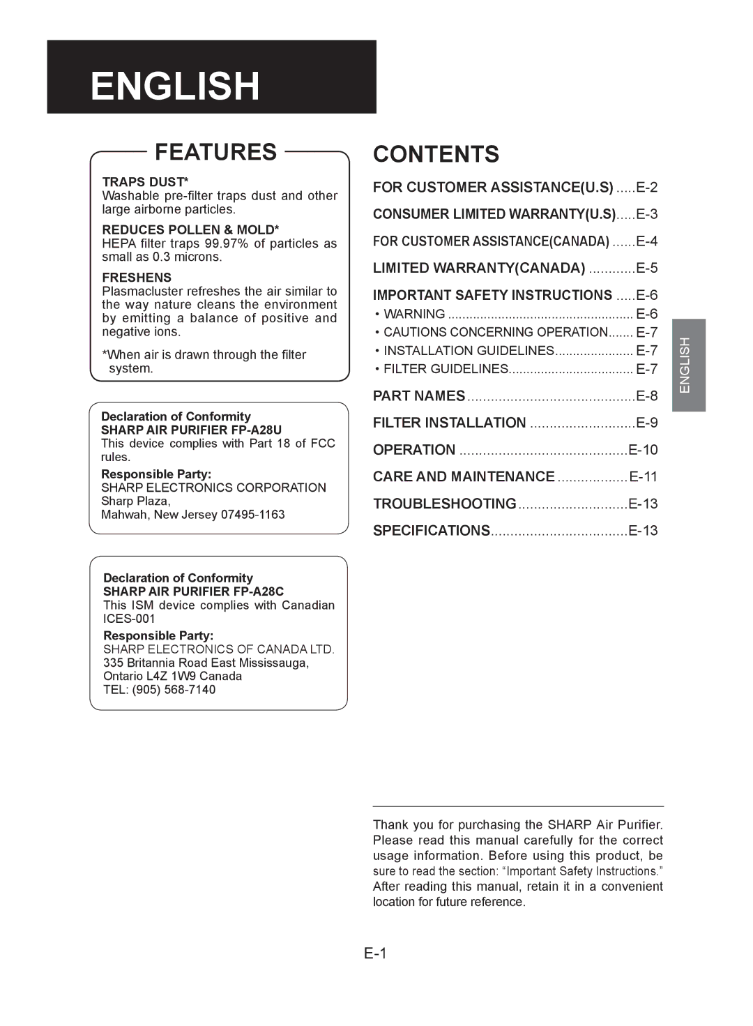 Sharp FP-A28C, FP-A28U operation manual English 