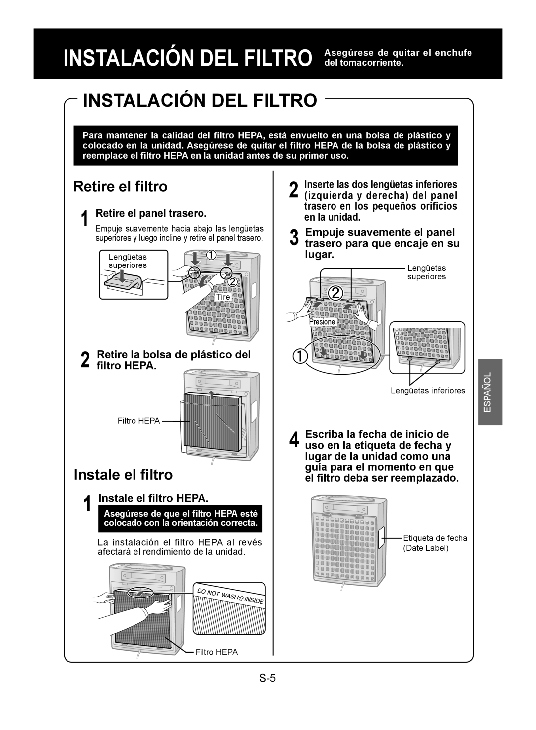 Sharp FP-A28C, FP-A28U operation manual Retire el panel trasero, Retire la bolsa de plástico del filtro Hepa 