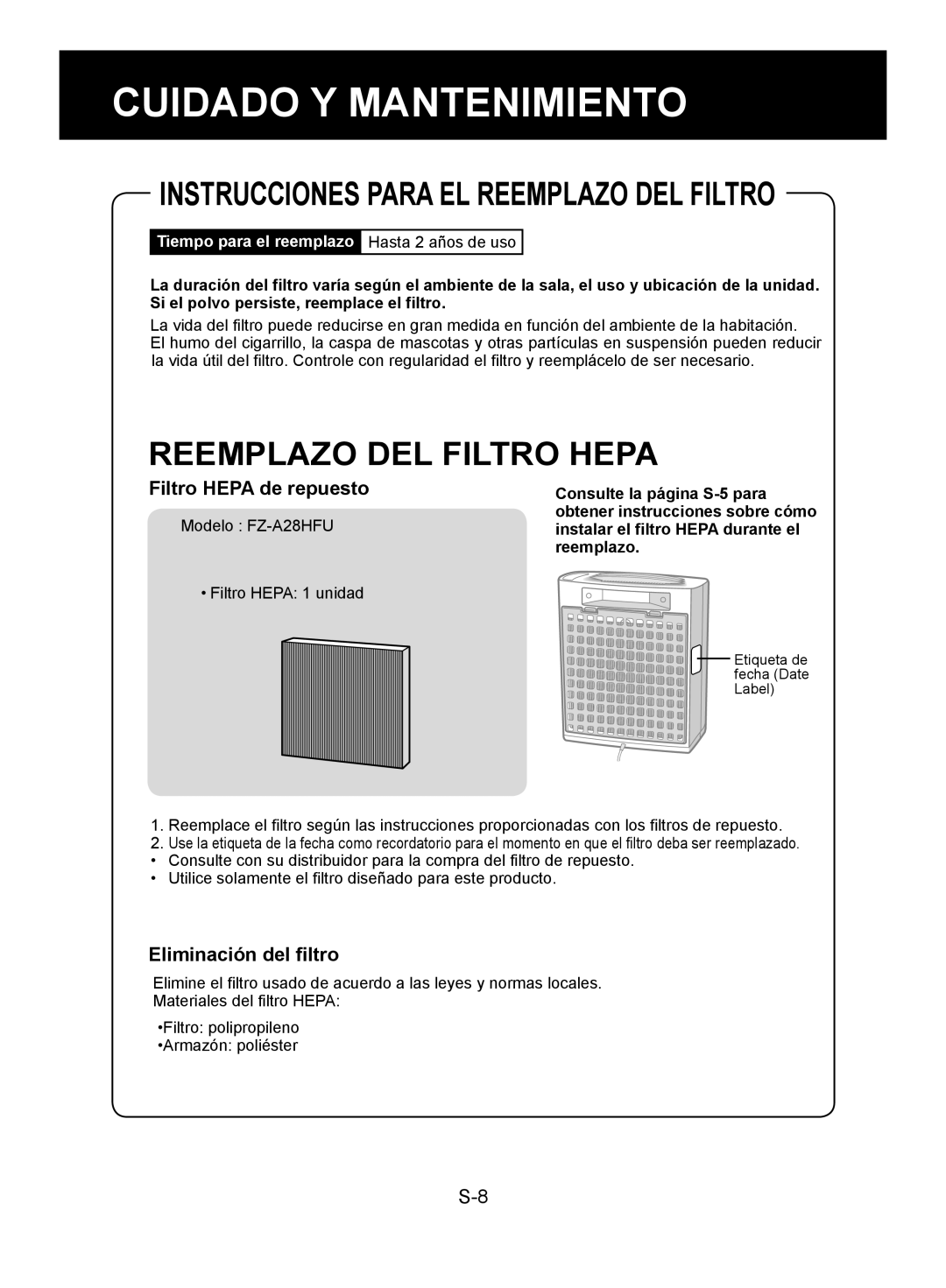 Sharp FP-A28U, FP-A28C operation manual Reemplazo DEL Filtro Hepa, Filtro Hepa de repuesto, Eliminación del filtro 