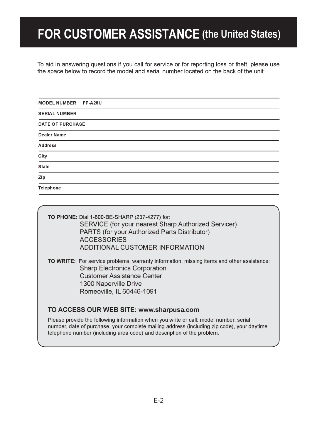 Sharp FP-A28U, FP-A28C operation manual For Customer Assistance the United States 