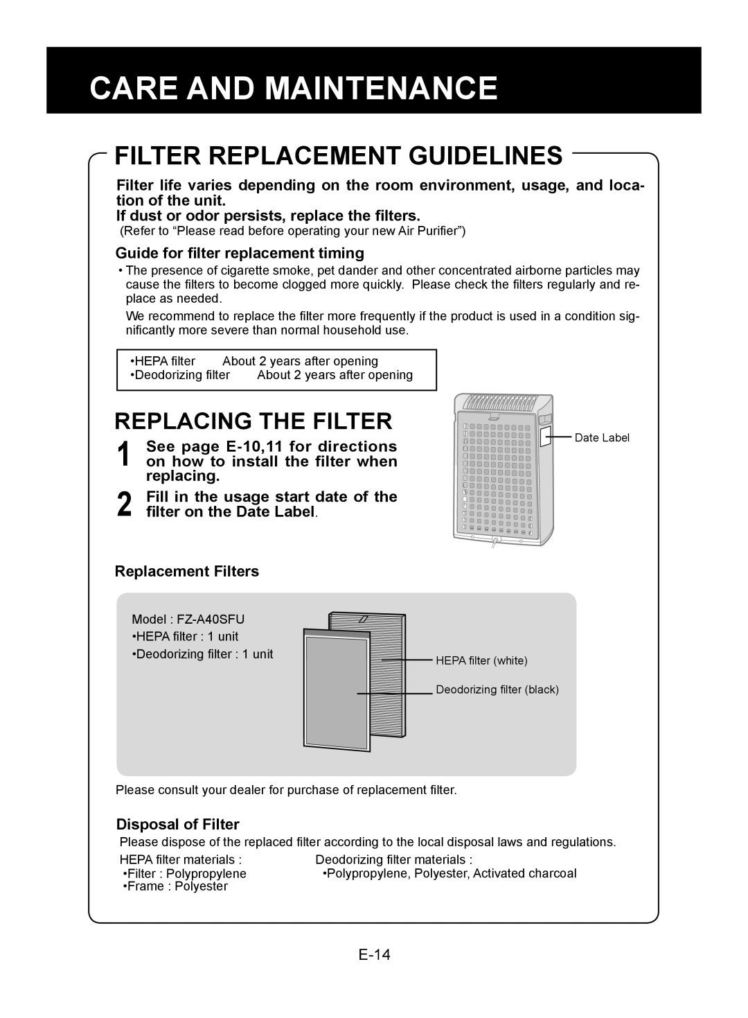 Sharp FP-A40C, FP-A40U Filter Replacement Guidelines, Guide for filter replacement timing, See page E-10,11 for directions 