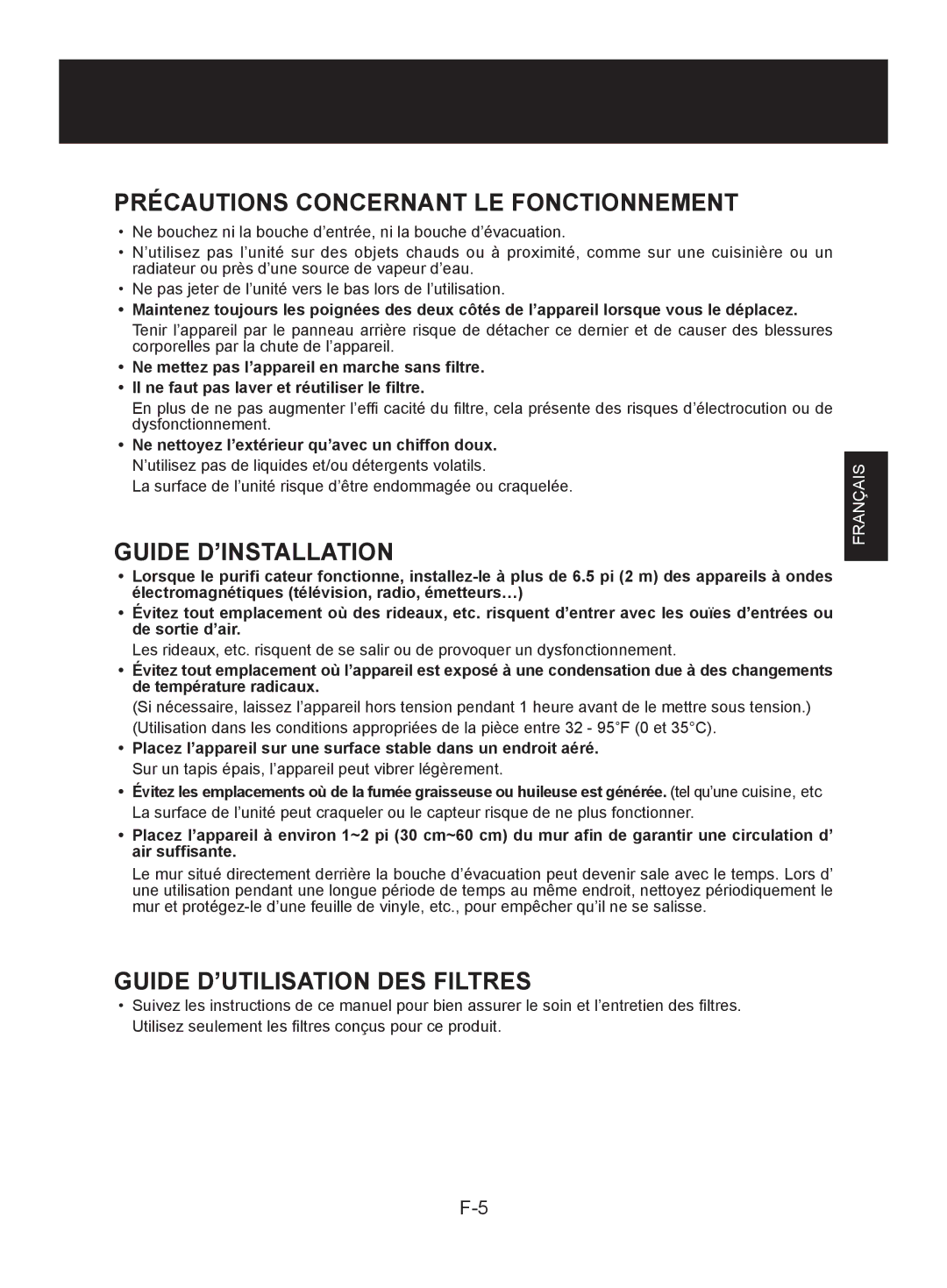 Sharp FP-A40C, FP-A40UW Précautions Concernant LE Fonctionnement, Guide D’INSTALLATION, Guide D’UTILISATION DES Filtres 