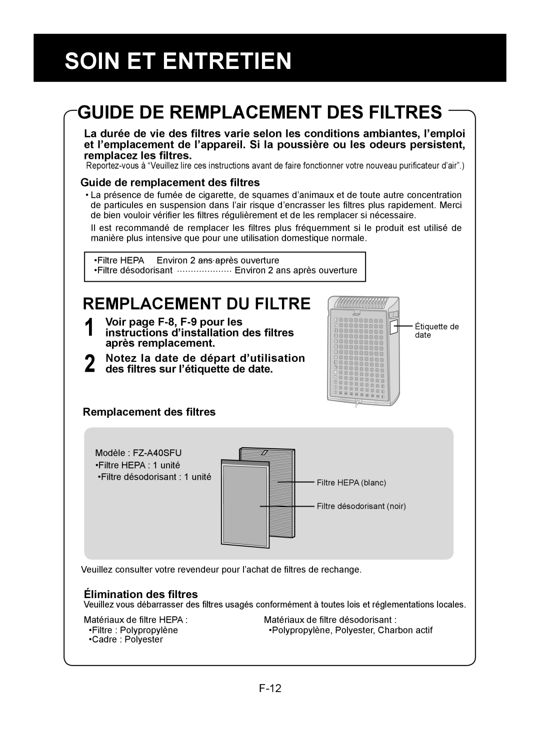 Sharp FP-A40UW, FP-A40C operation manual Guide DE Remplacement DES Filtres 