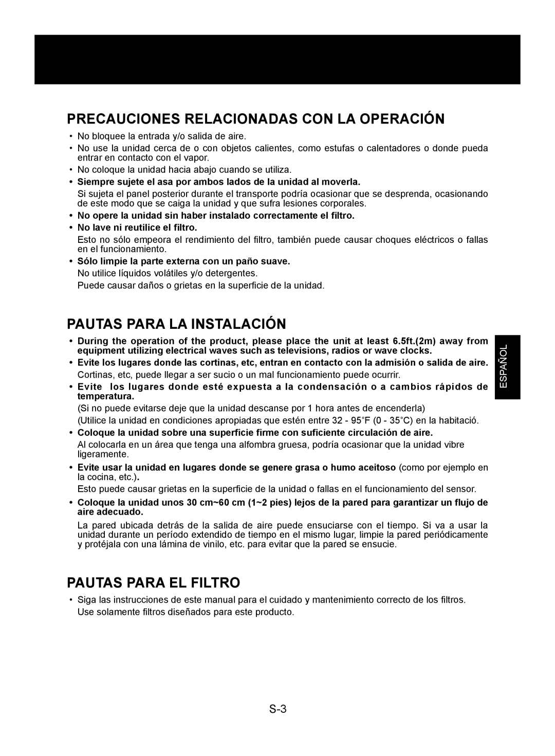 Sharp FP-A40UW, FP-A40C Precauciones Relacionadas CON LA Operación, Pautas Para LA Instalación, Pautas Para EL Filtro 