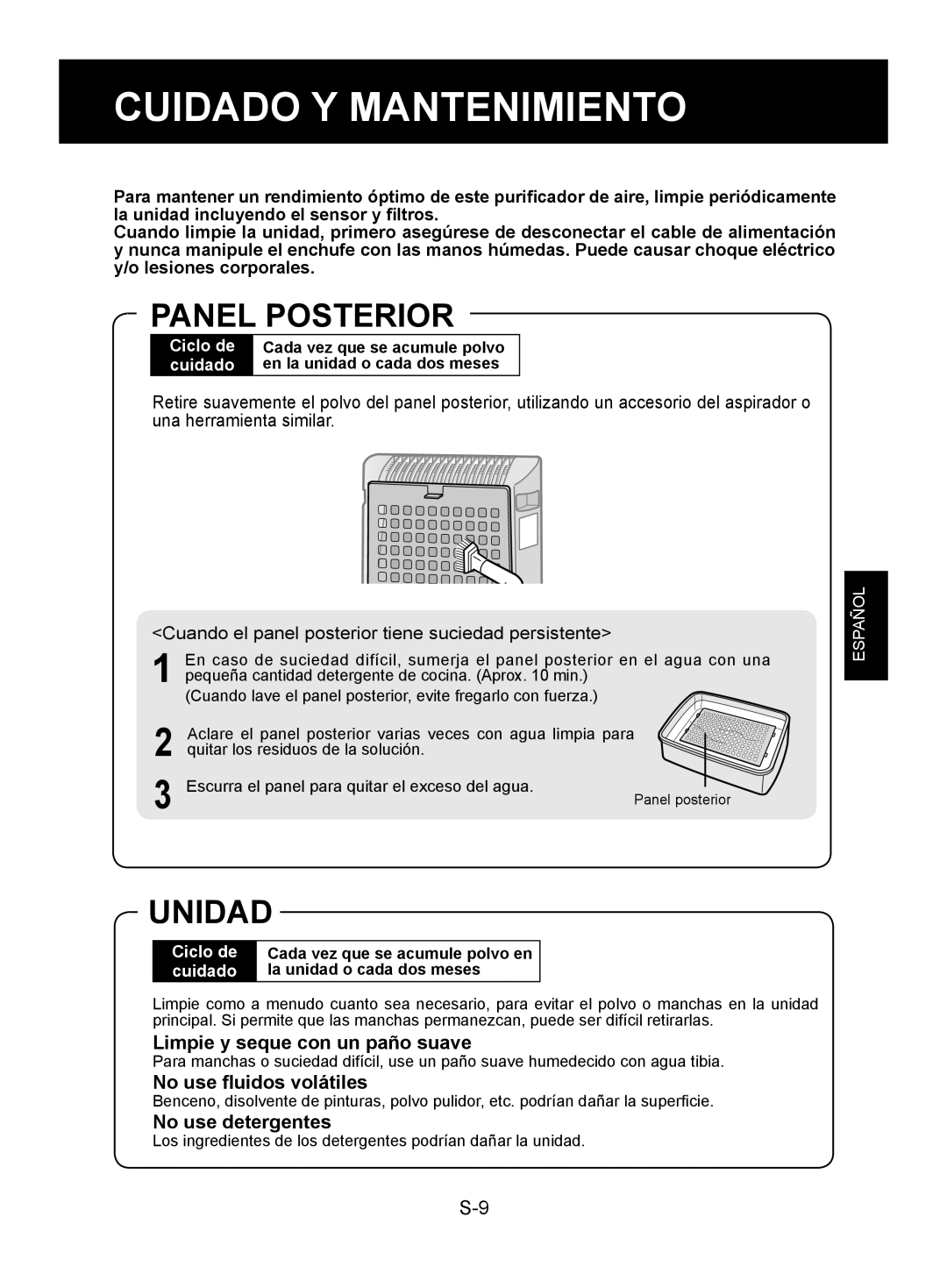 Sharp FP-A40UW, FP-A40C operation manual Cuidado Y Mantenimiento, Panel Posterior, Unidad, Limpie y seque con un paño suave 