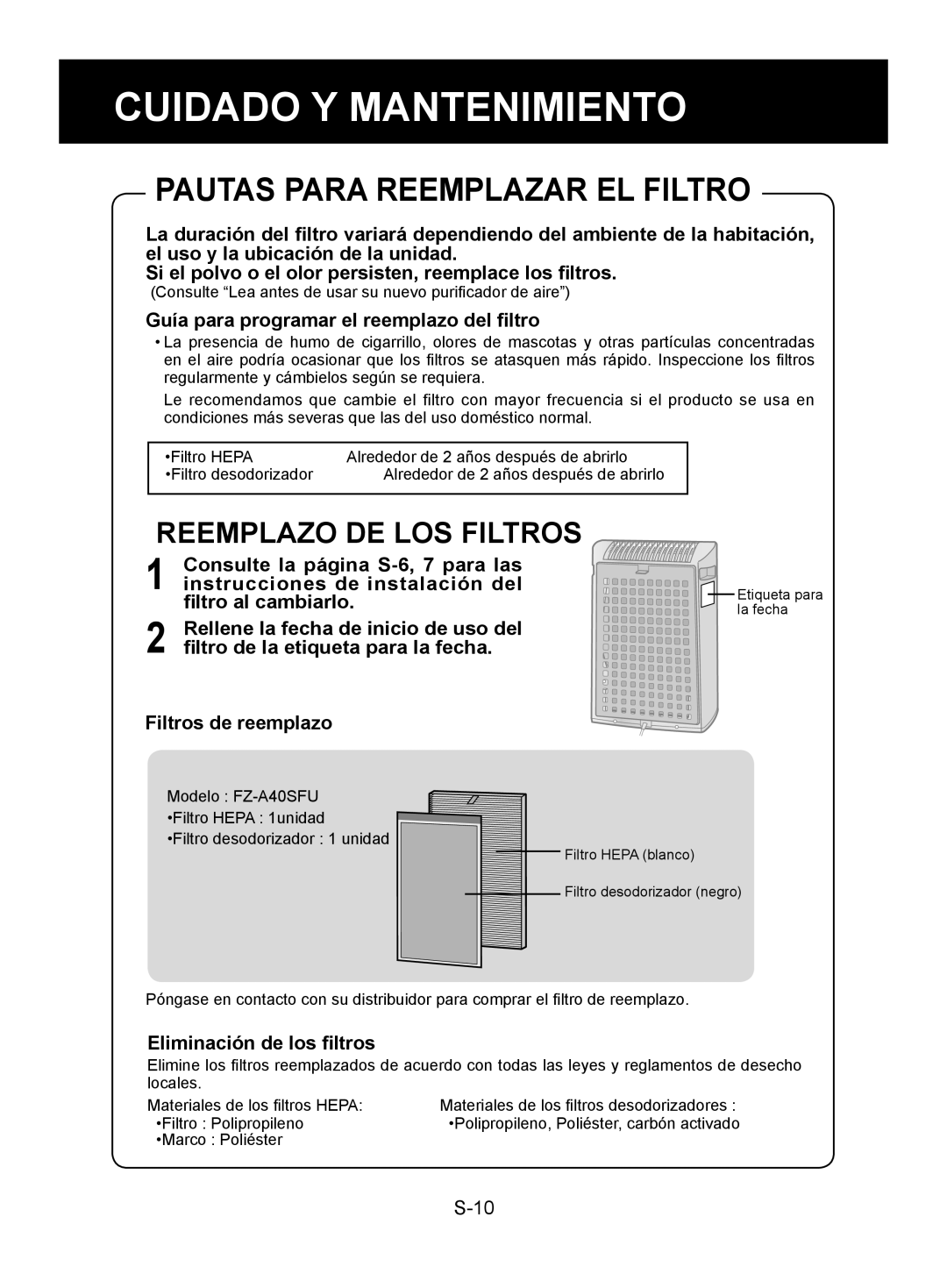 Sharp FP-A40C Pautas Para Reemplazar EL Filtro, Guía para programar el reemplazo del filtro, Eliminación de los filtros 