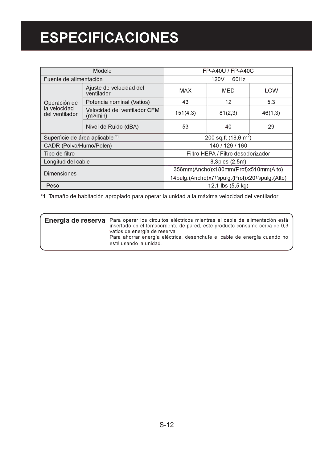 Sharp FP-A40UW, FP-A40C operation manual Especificaciones 