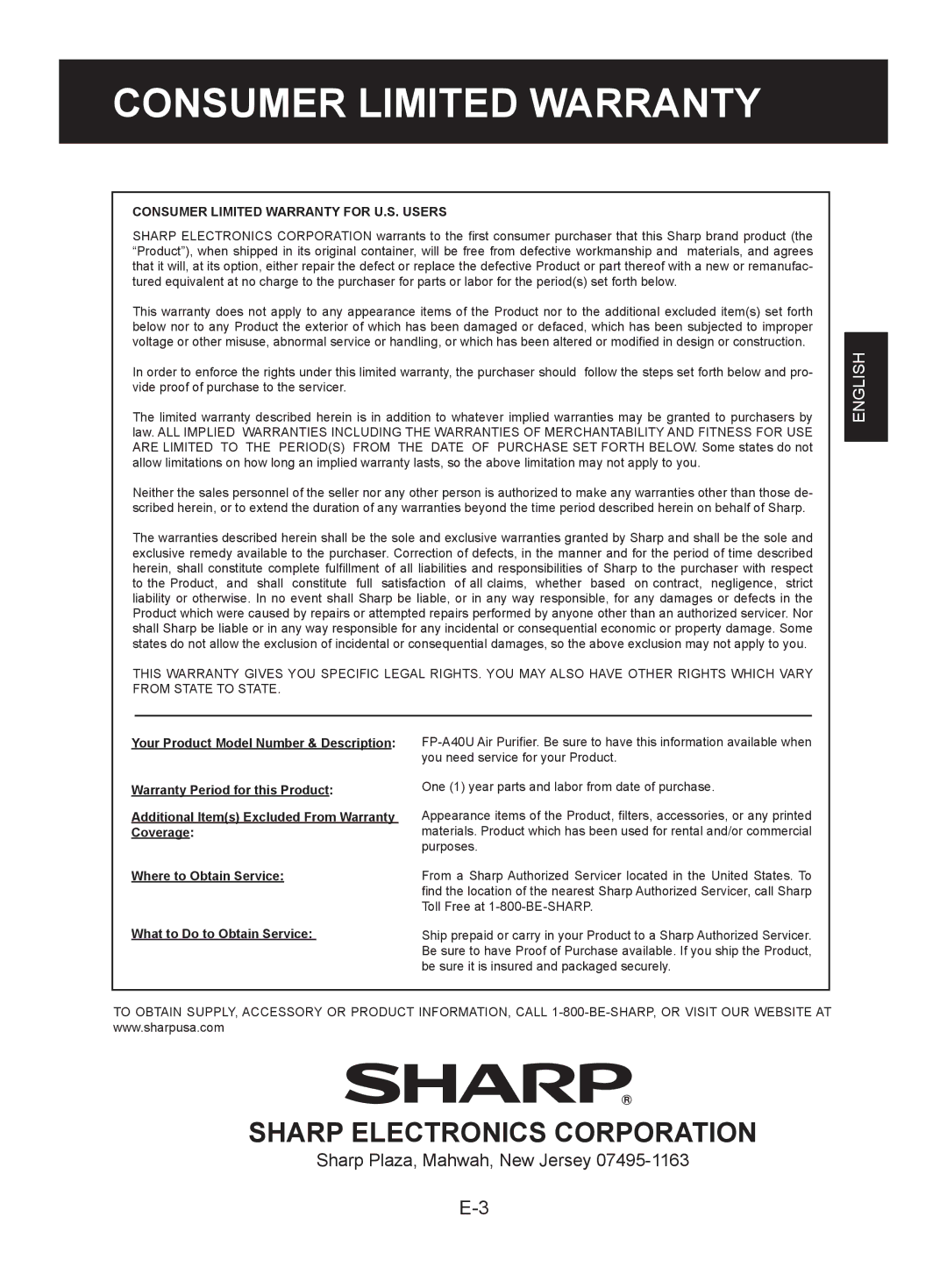 Sharp FP-A40UW, FP-A40C operation manual Consumer Limited Warranty for U.S. Users 