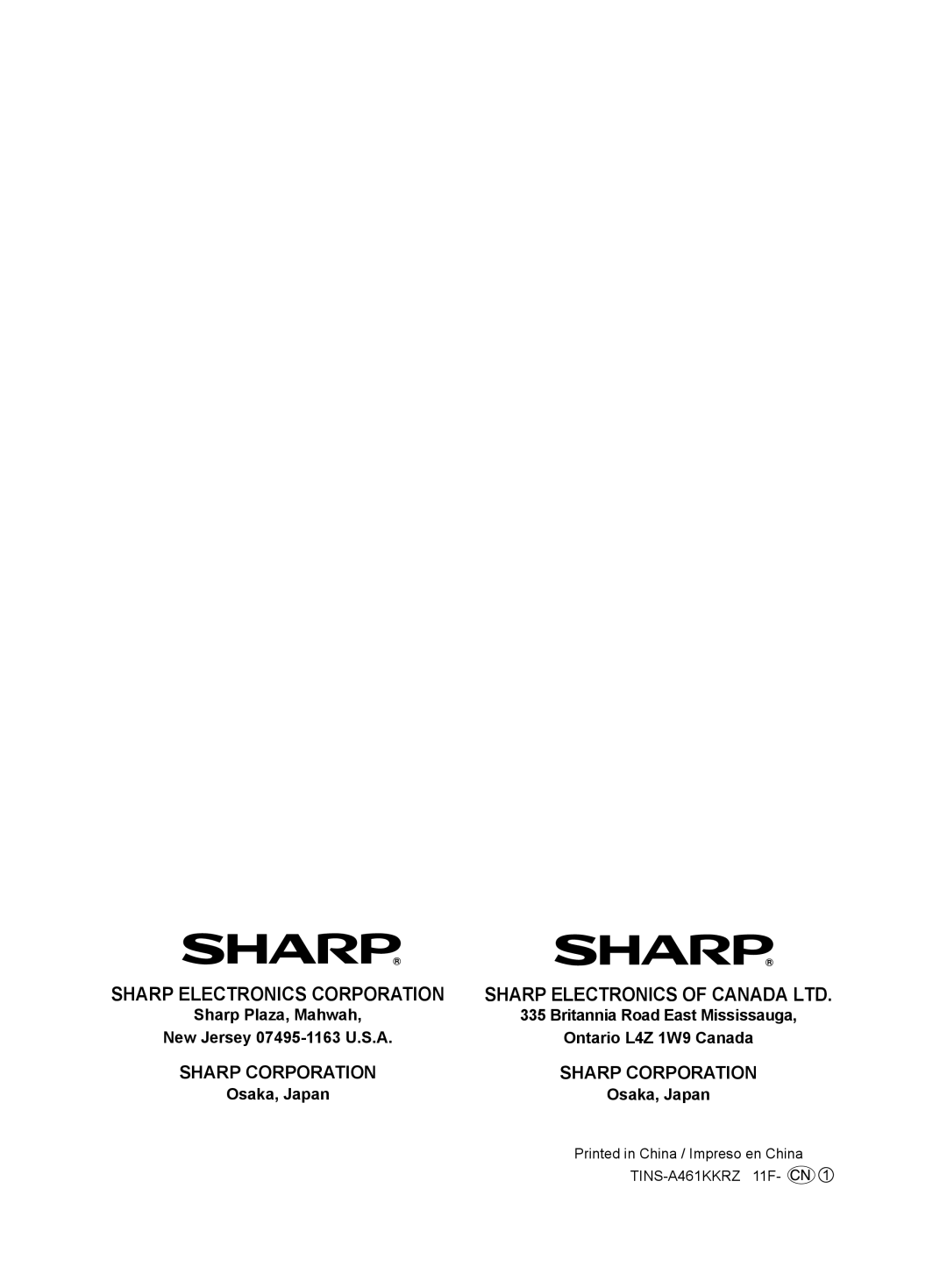 Sharp FP-A40UW, FP-A40C operation manual New Jersey 07495-1163 U.S.A Ontario L4Z 1W9 Canada, Osaka, Japan 