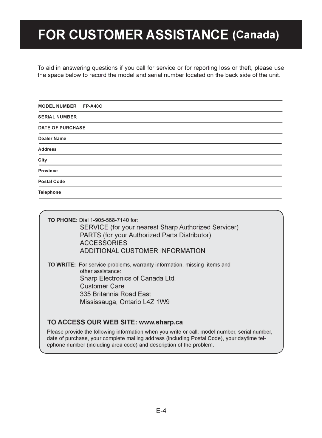 Sharp FP-A40UW, FP-A40C operation manual For Customer Assistance Canada 