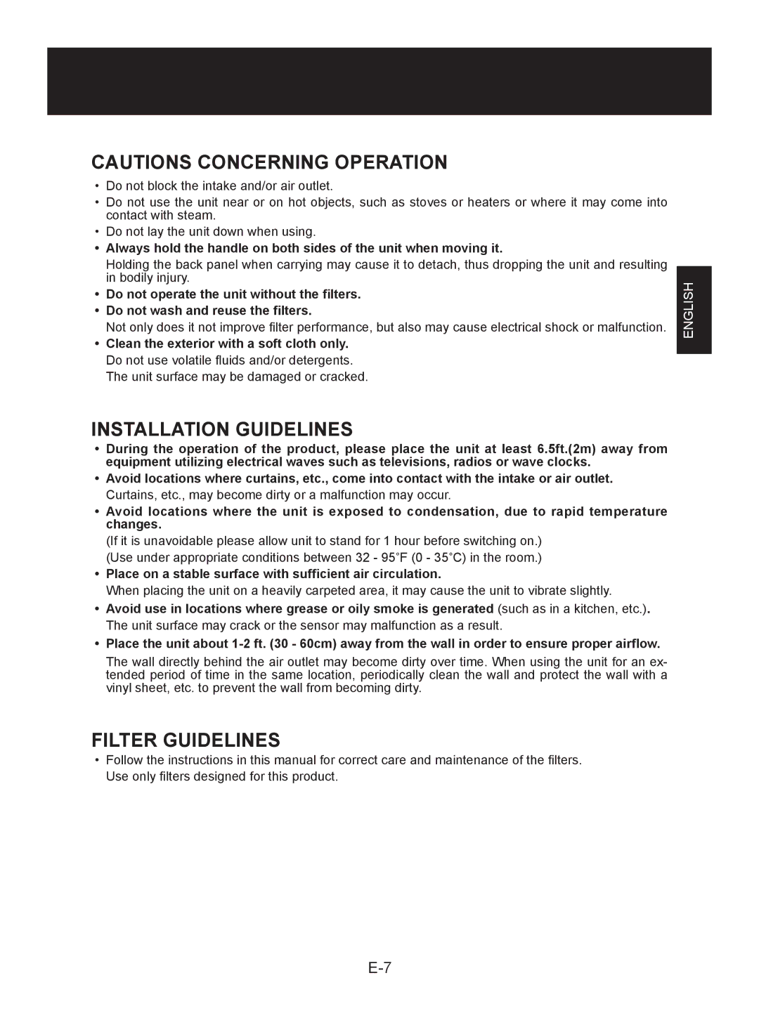 Sharp FP-A40UW Installation Guidelines, Filter Guidelines, Place on a stable surface with sufficient air circulation 