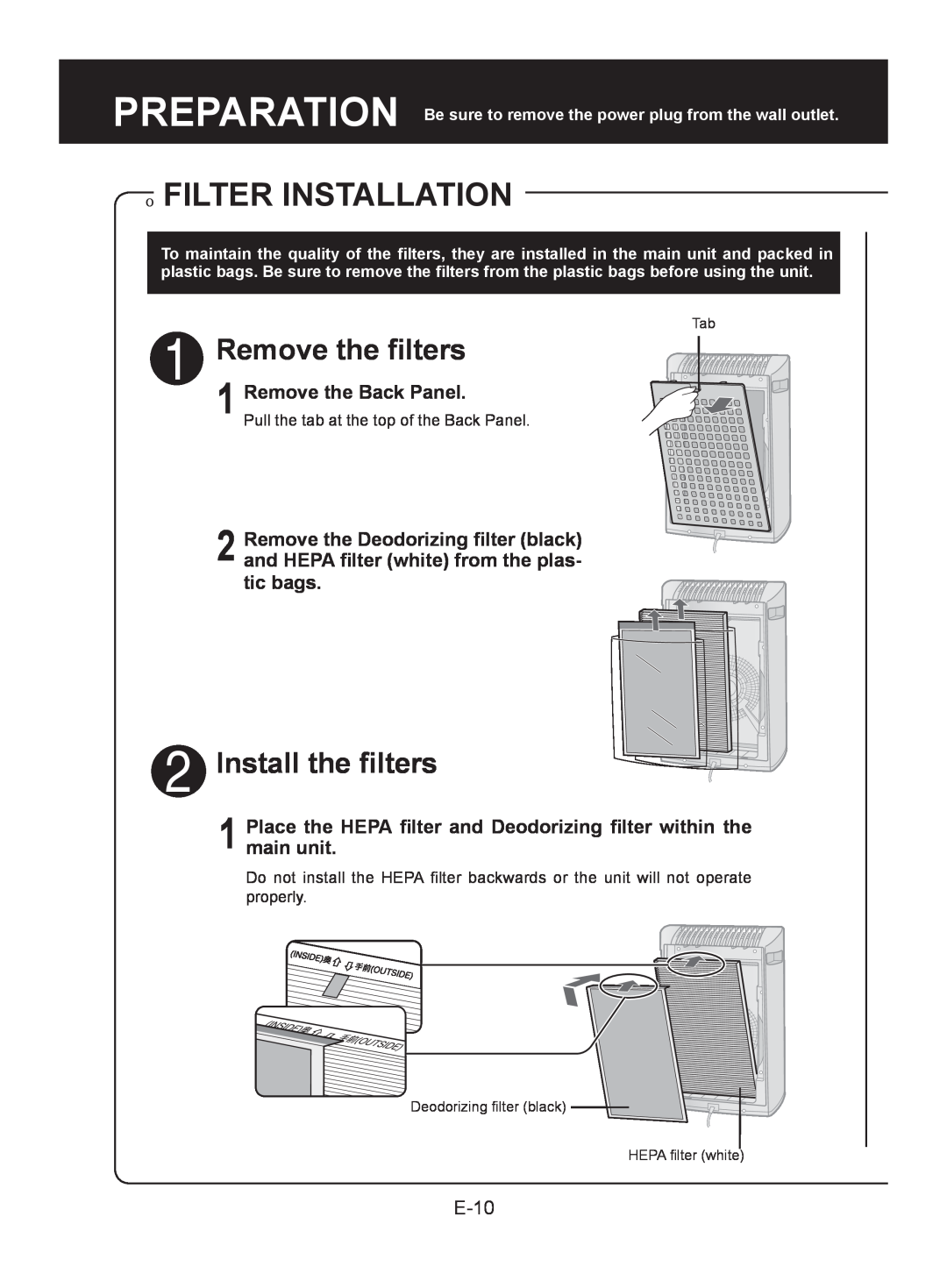 Sharp FP-A40UW, FP-A40C operation manual onFILTER INSTALLATION, Remove the filters, Install the filters 