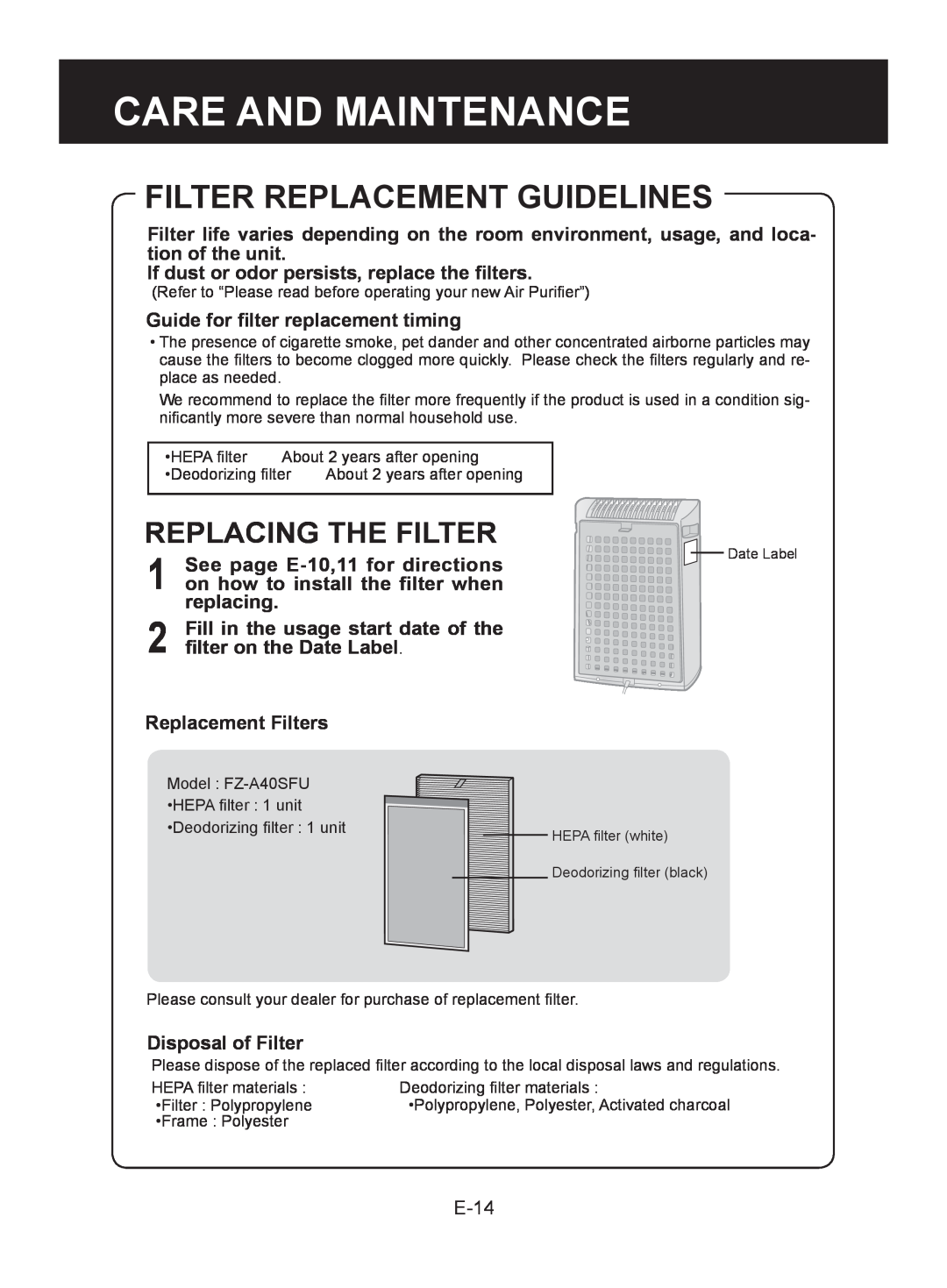 Sharp FP-A40C, FP-A40UW operation manual Filter Replacement Guidelines, Replacing The Filter, Care And Maintenance 